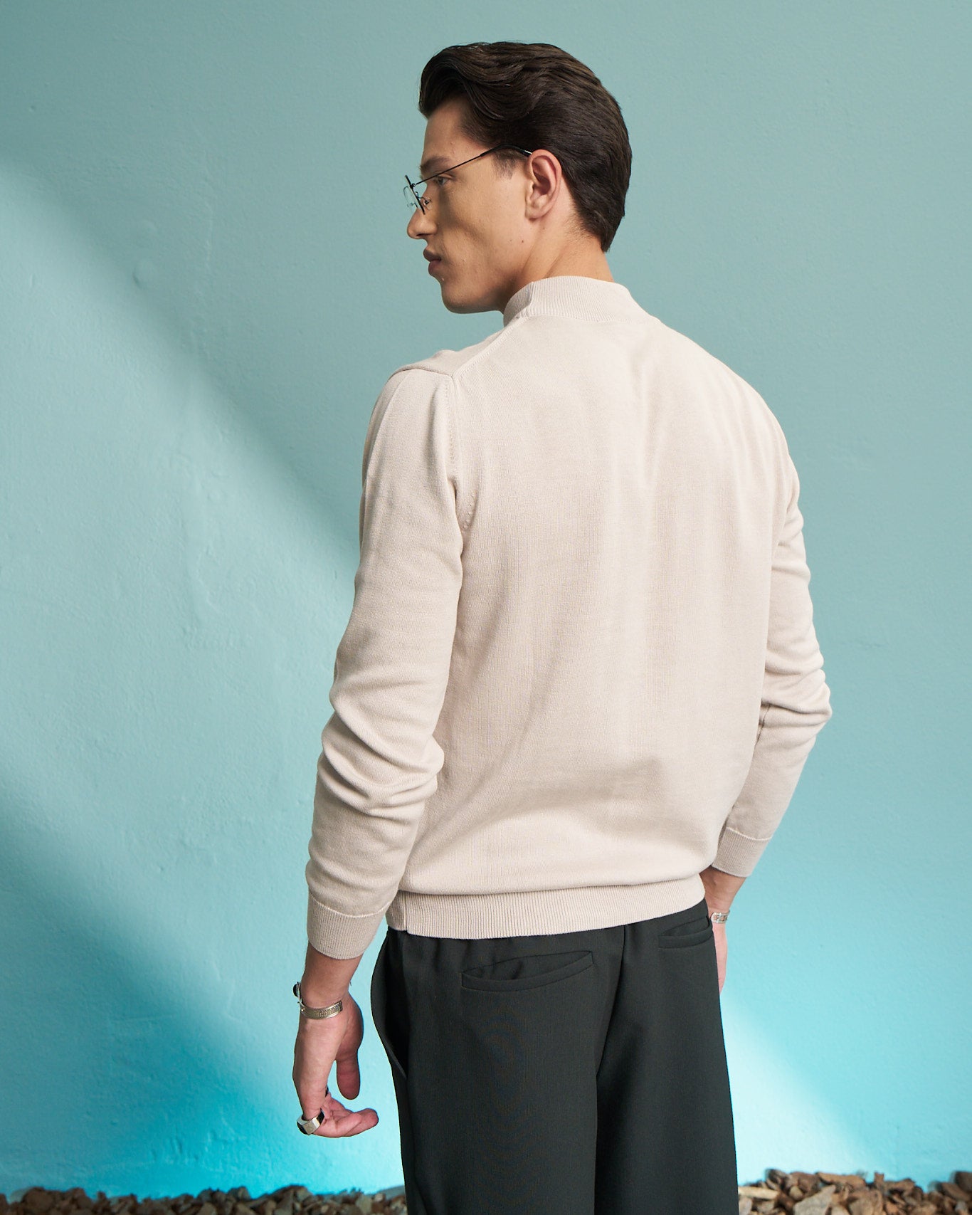 Beige 100% Cotton Mock Neck Sweater