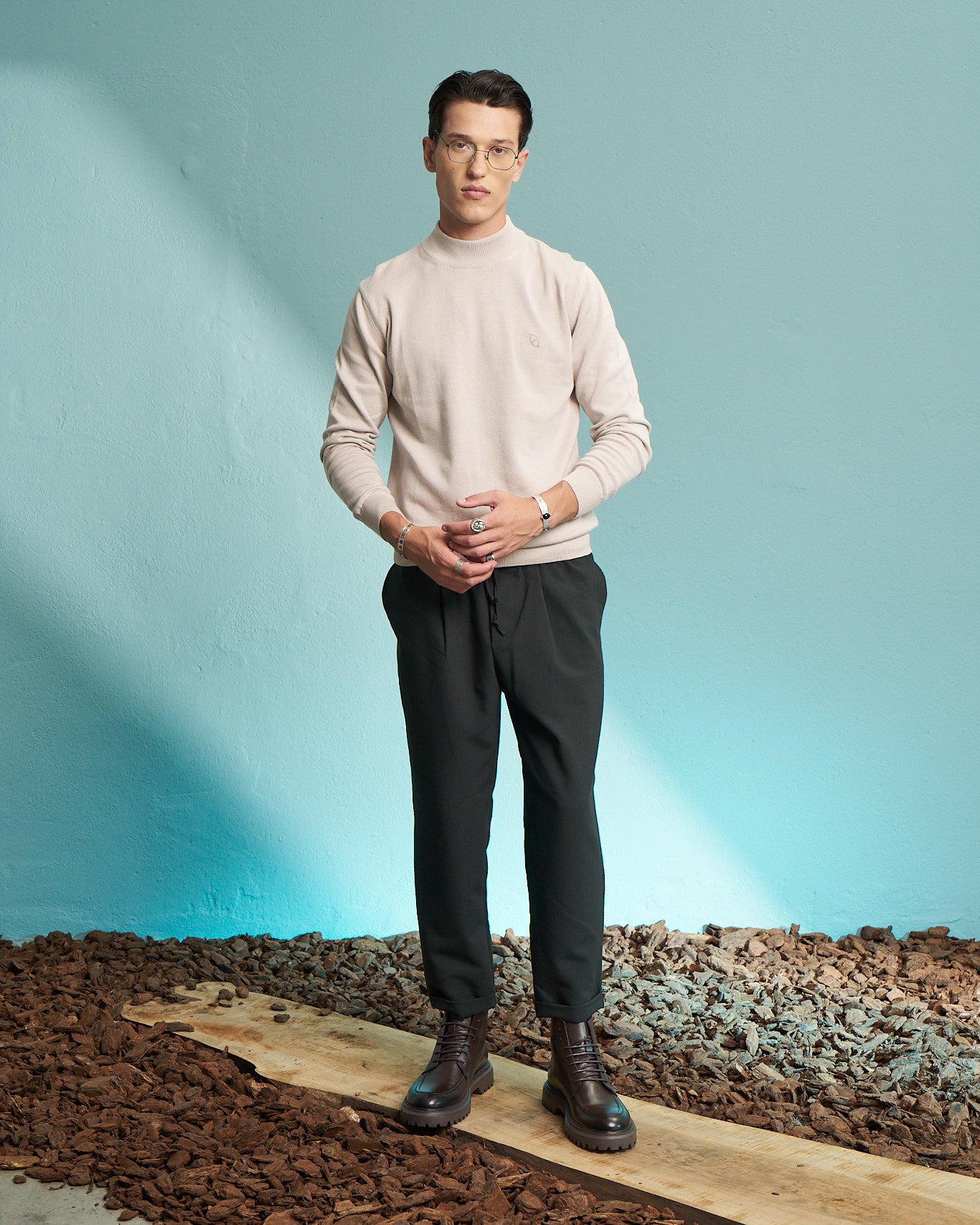 Beige 100% Cotton Mock Neck Sweater