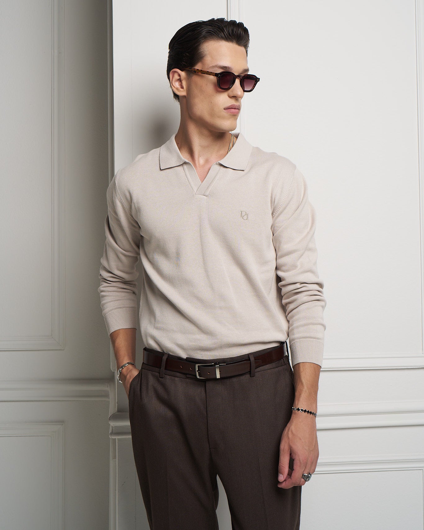 Beige 100% Cotton Knit Polo Sweater