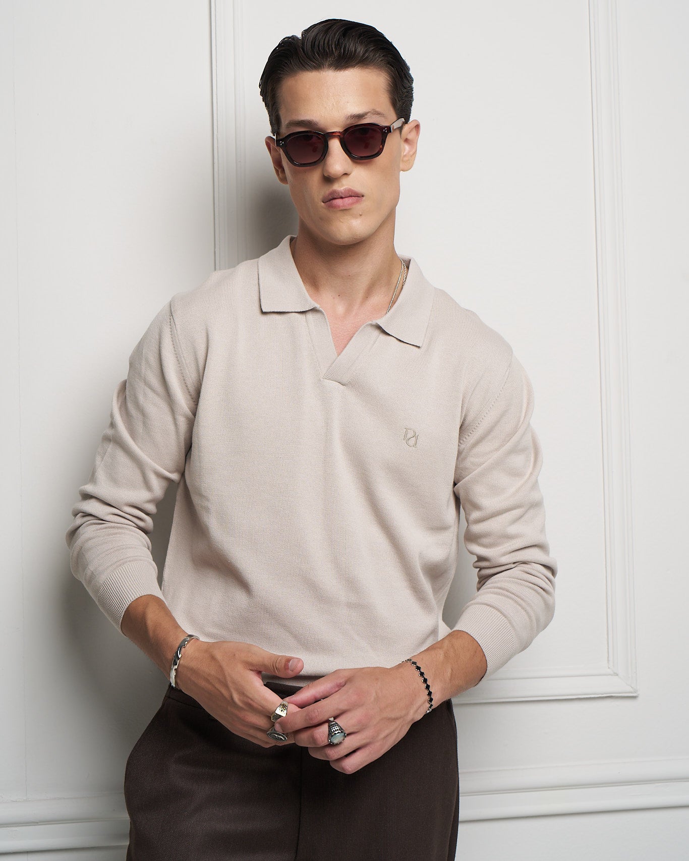Beige 100% Cotton Knit Polo Sweater
