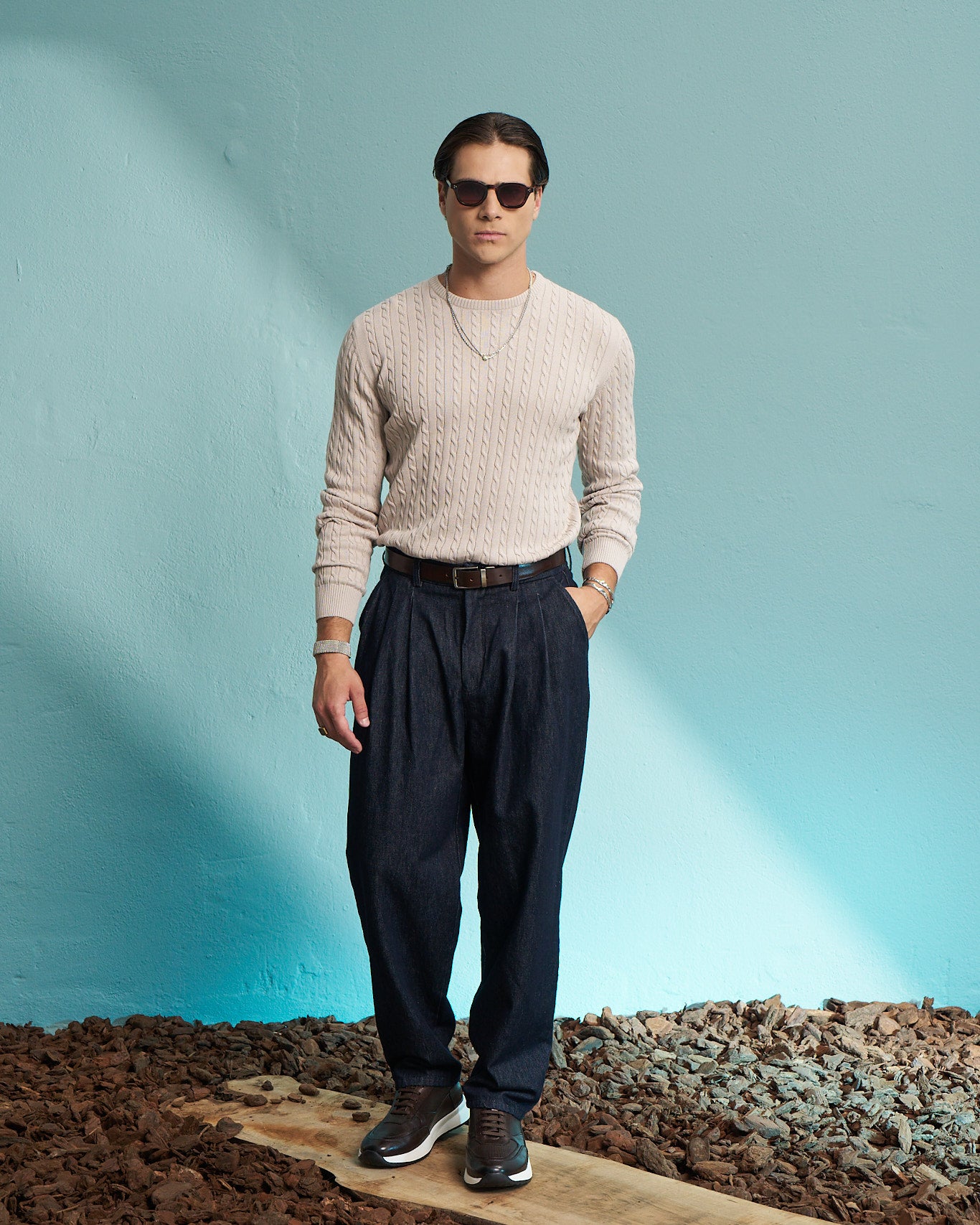 Beige 100% Cotton Cable Knit Sweater