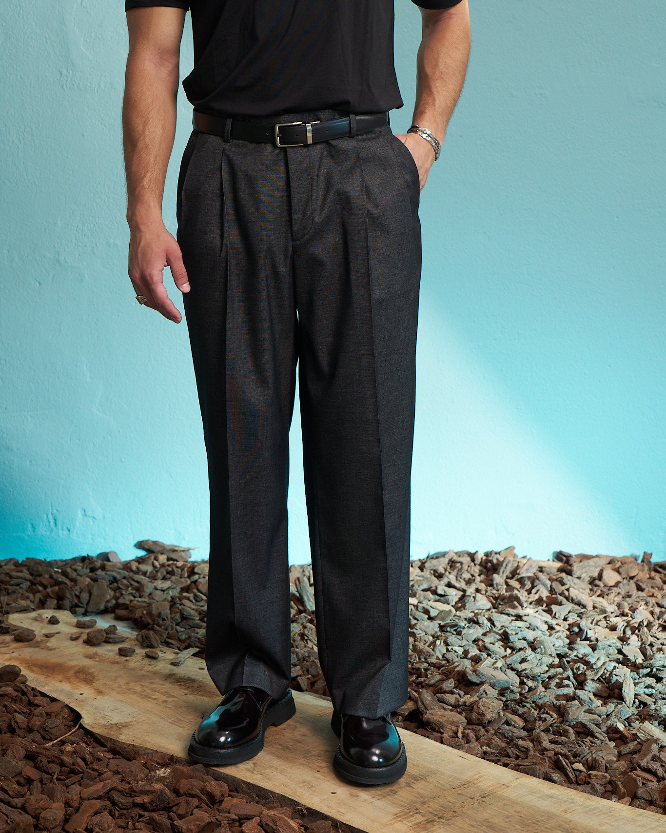 Black Double Pleated Wide Leg Tailored Trousers