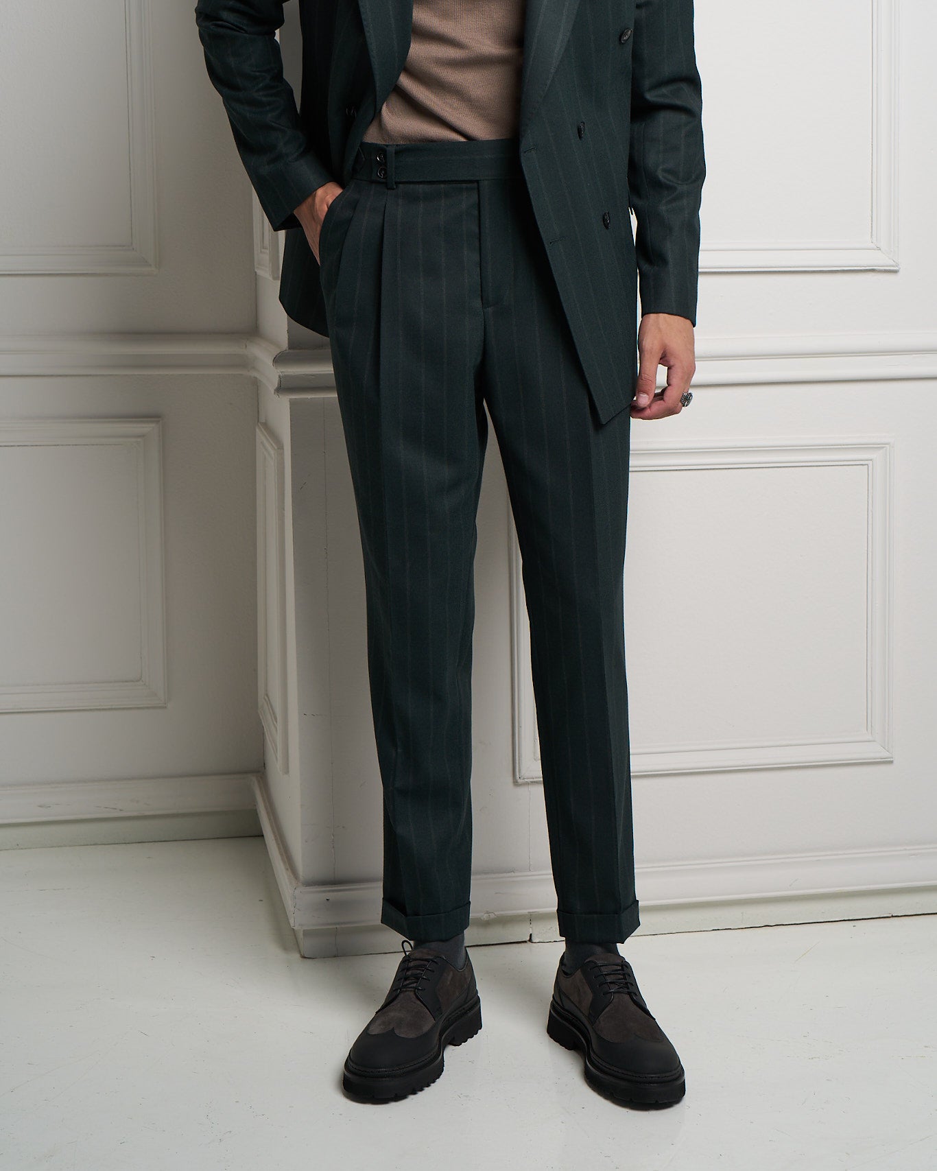 Garden Green Pinstripe Gurkha Tailored Trousers