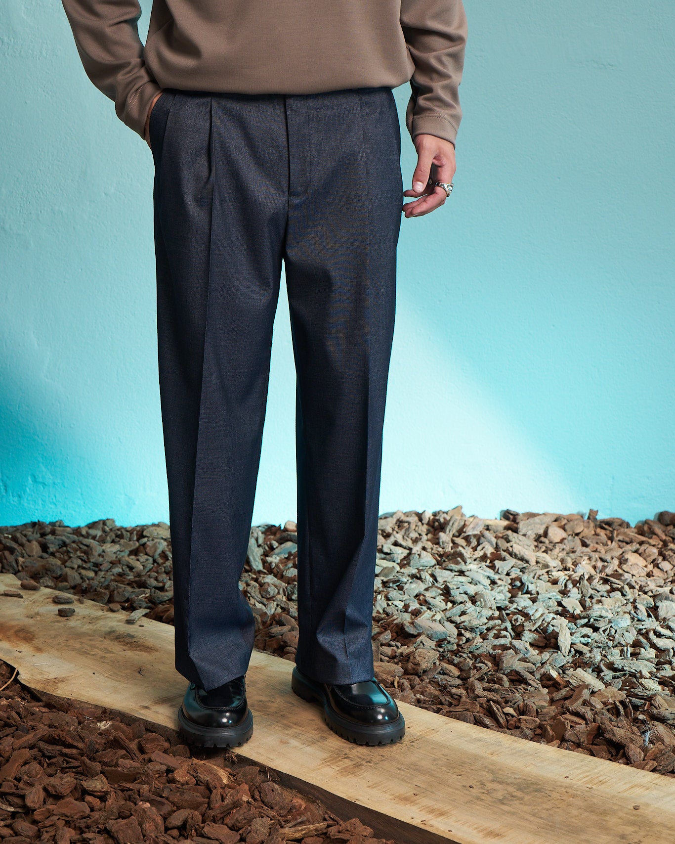 Navy Double Pleated Wide Leg Tailored Trousers