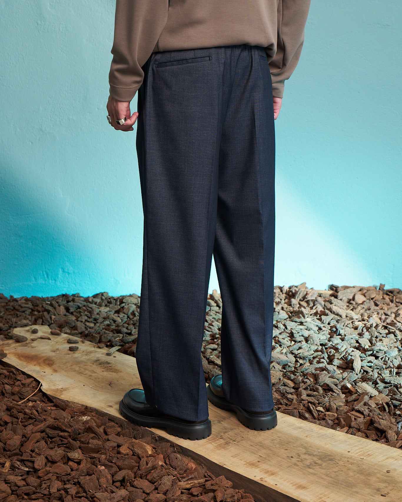 Navy Double Pleated Wide Leg Tailored Trousers