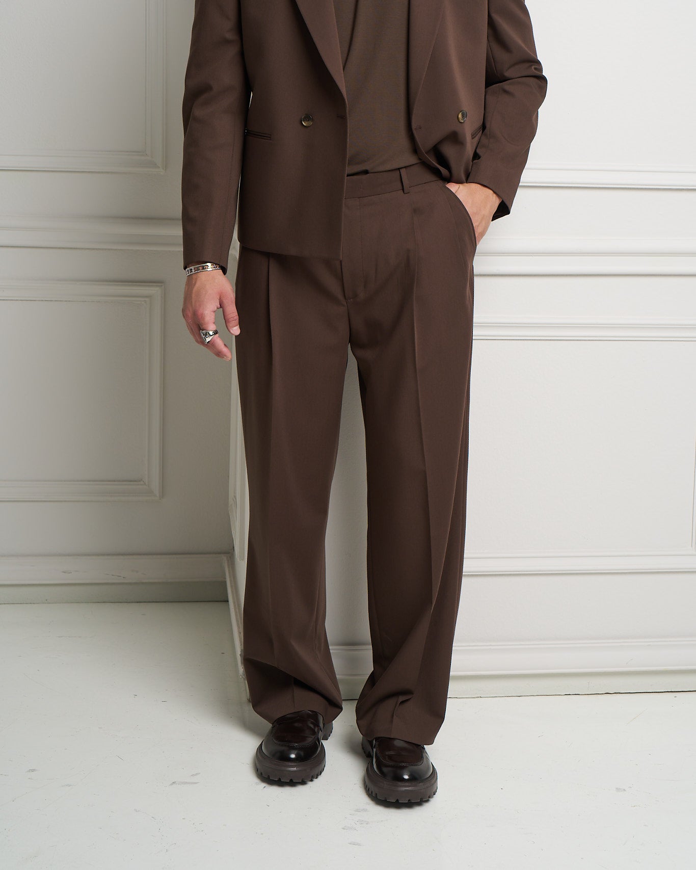 Chocolate Brown Wide Leg Pleated Trousers