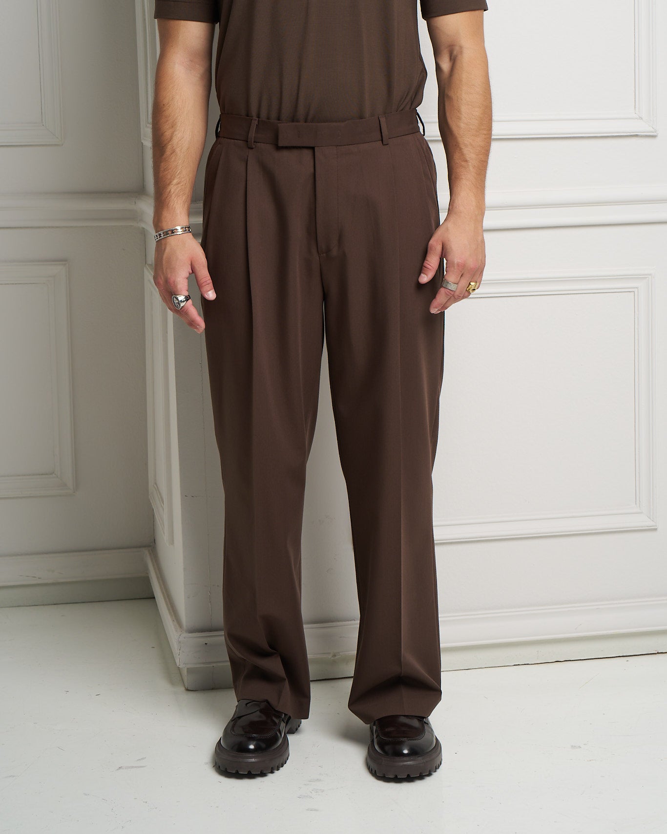 Chocolate Brown Wide Leg Pleated Trousers