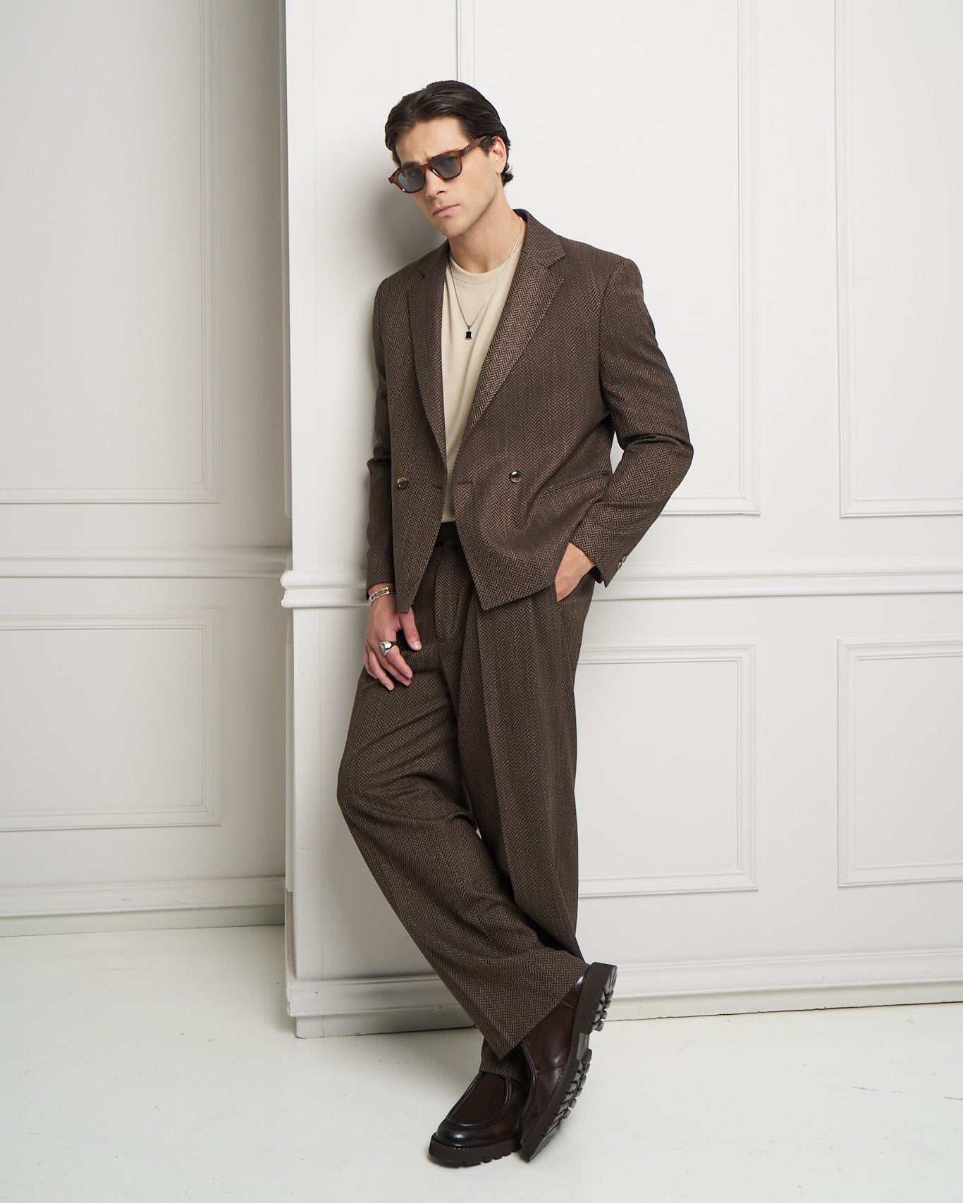 Chocolate Herringbone Wide Leg Pleated Trousers