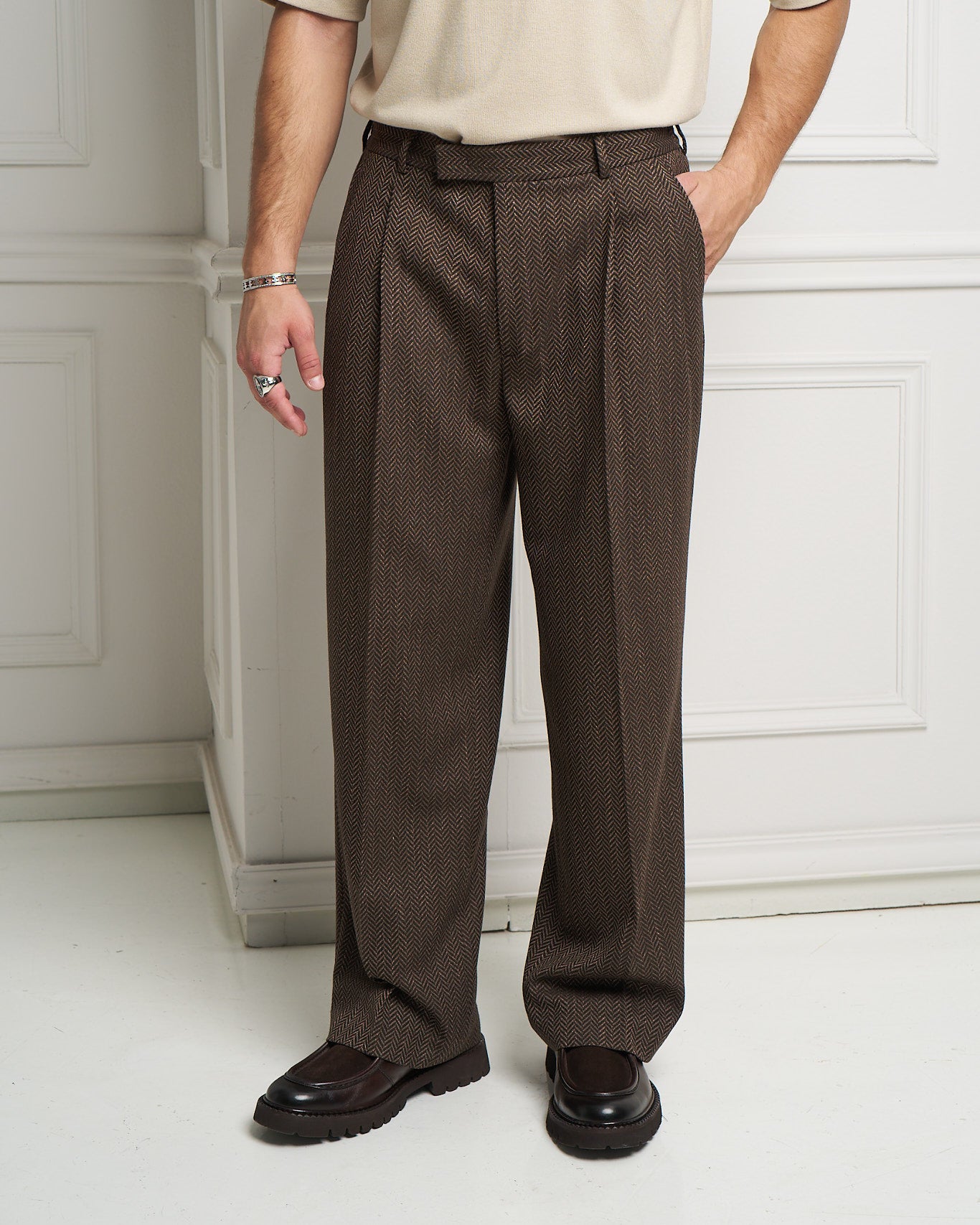 Chocolate Herringbone Wide Leg Pleated Trousers