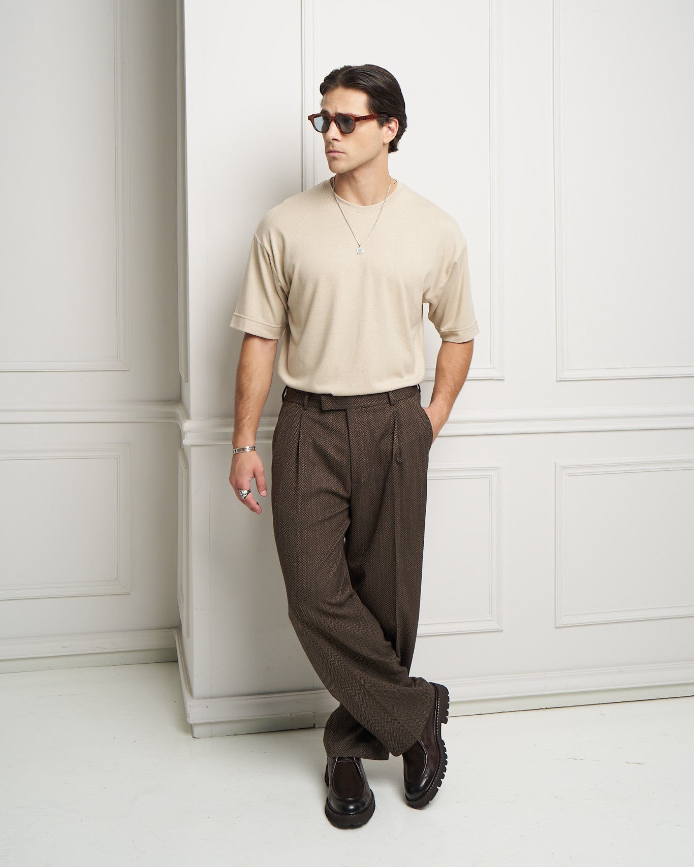 Chocolate Herringbone Wide Leg Pleated Trousers