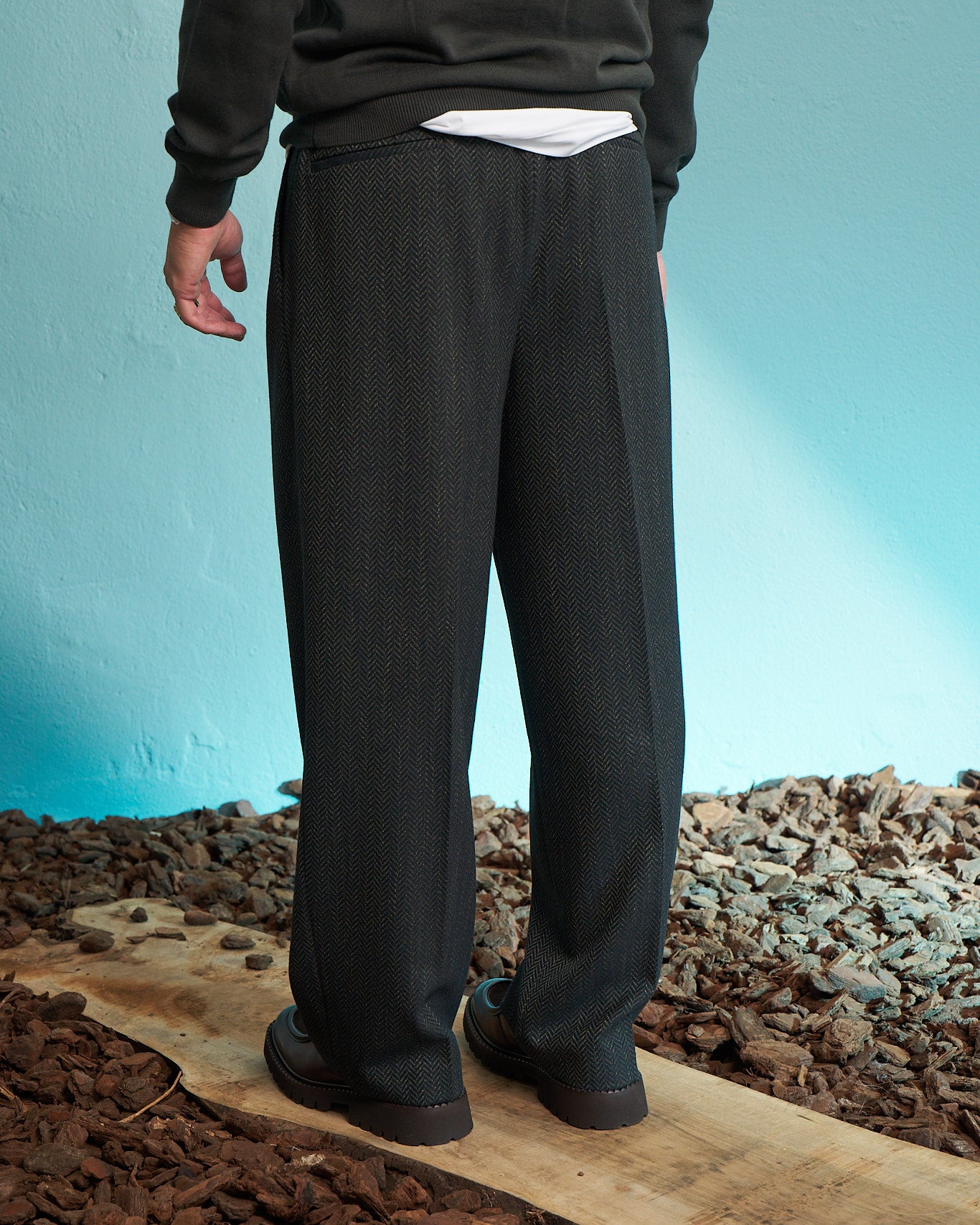 Olive Herringbone Wide Leg Pleated Trousers