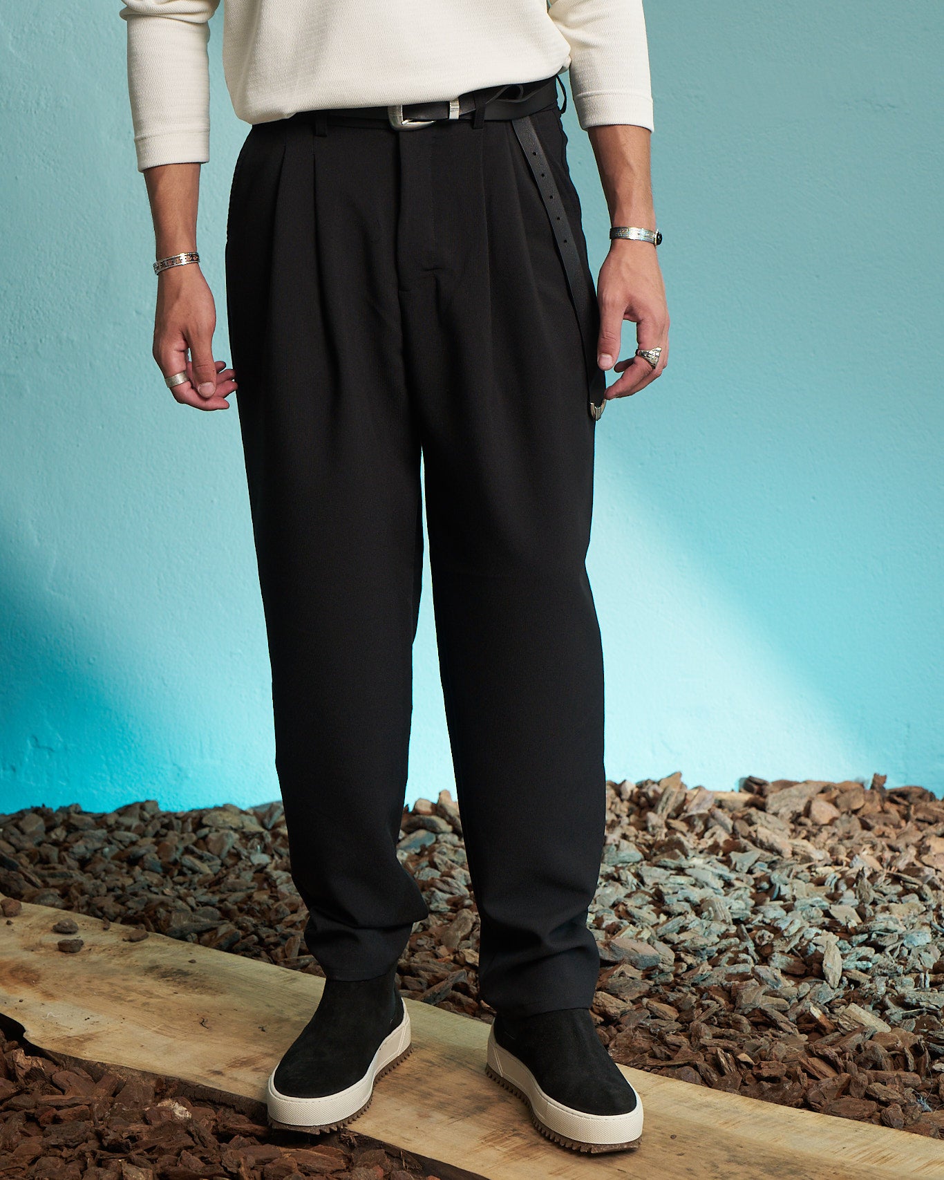 Black Double Pleated Relaxed Trousers