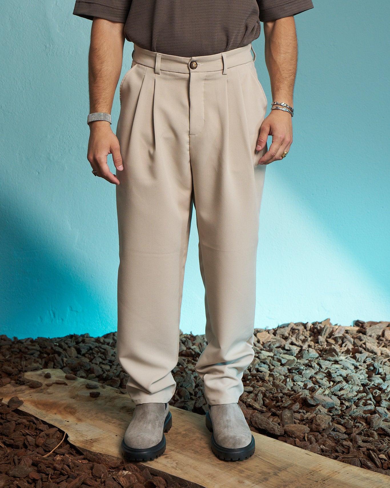 Cream Double Pleated Relaxed Trousers