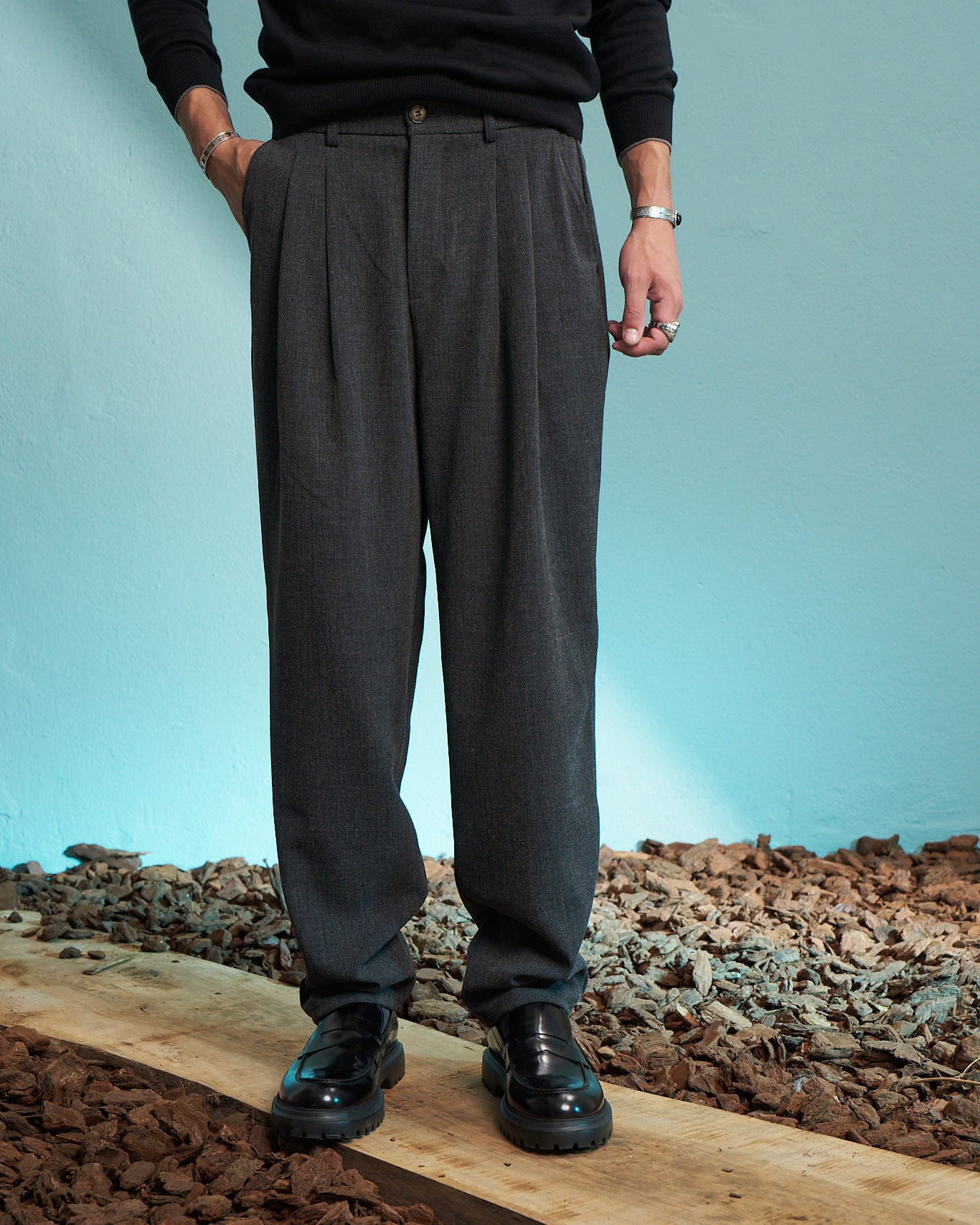 Grey Double Pleated Relaxed Trousers