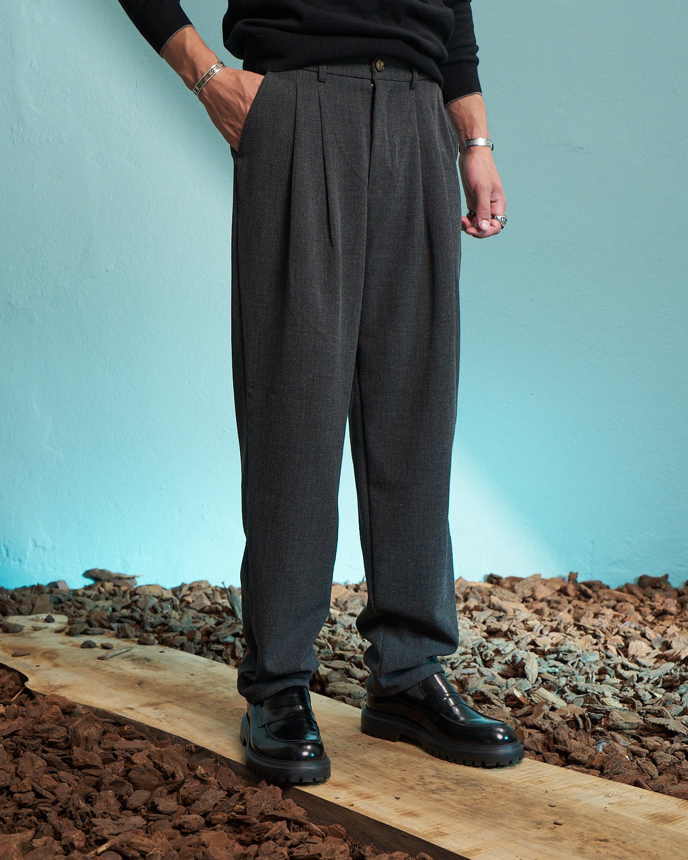 Grey Double Pleated Relaxed Trousers