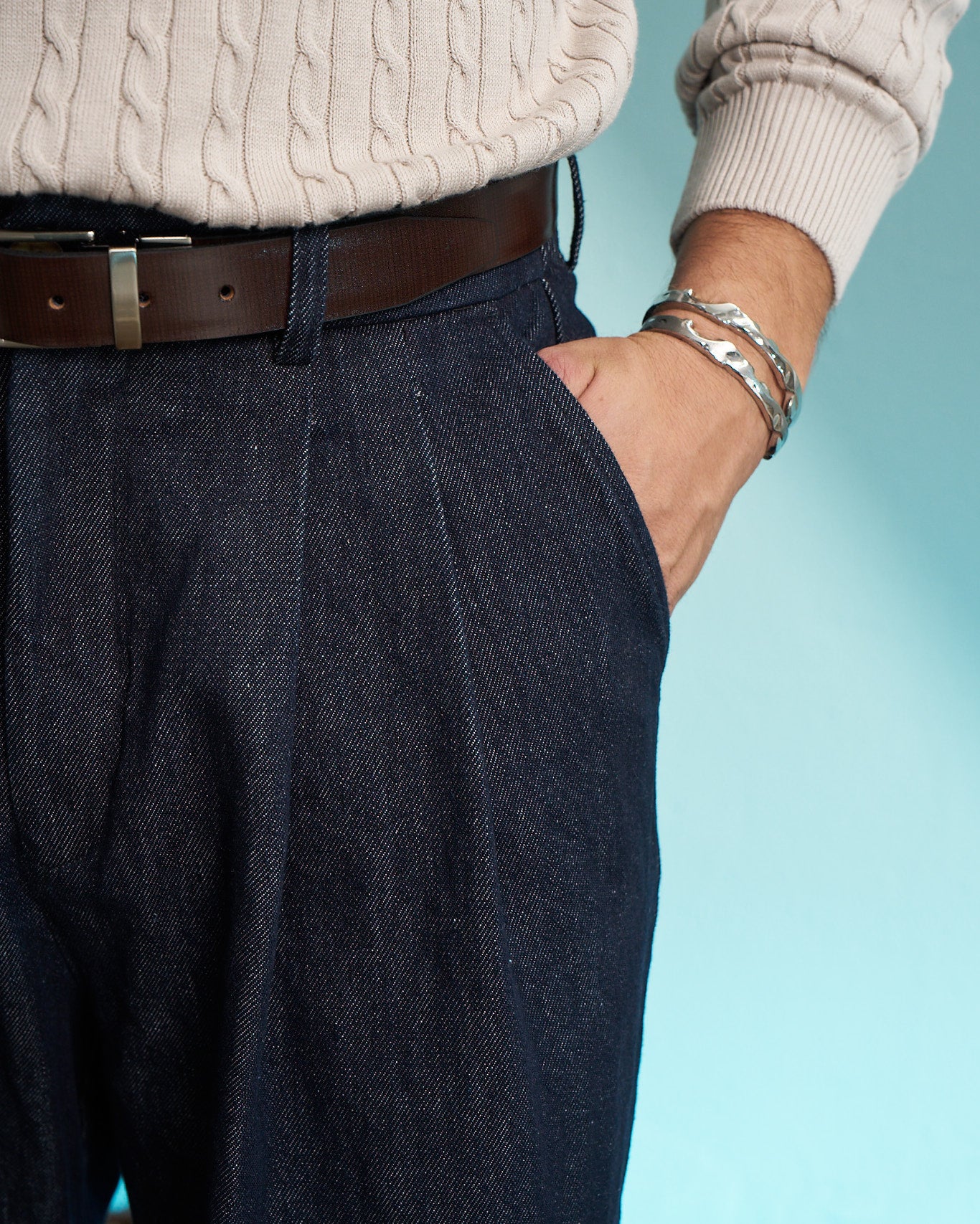 Indigo Relaxed Denim Pleated Trousers
