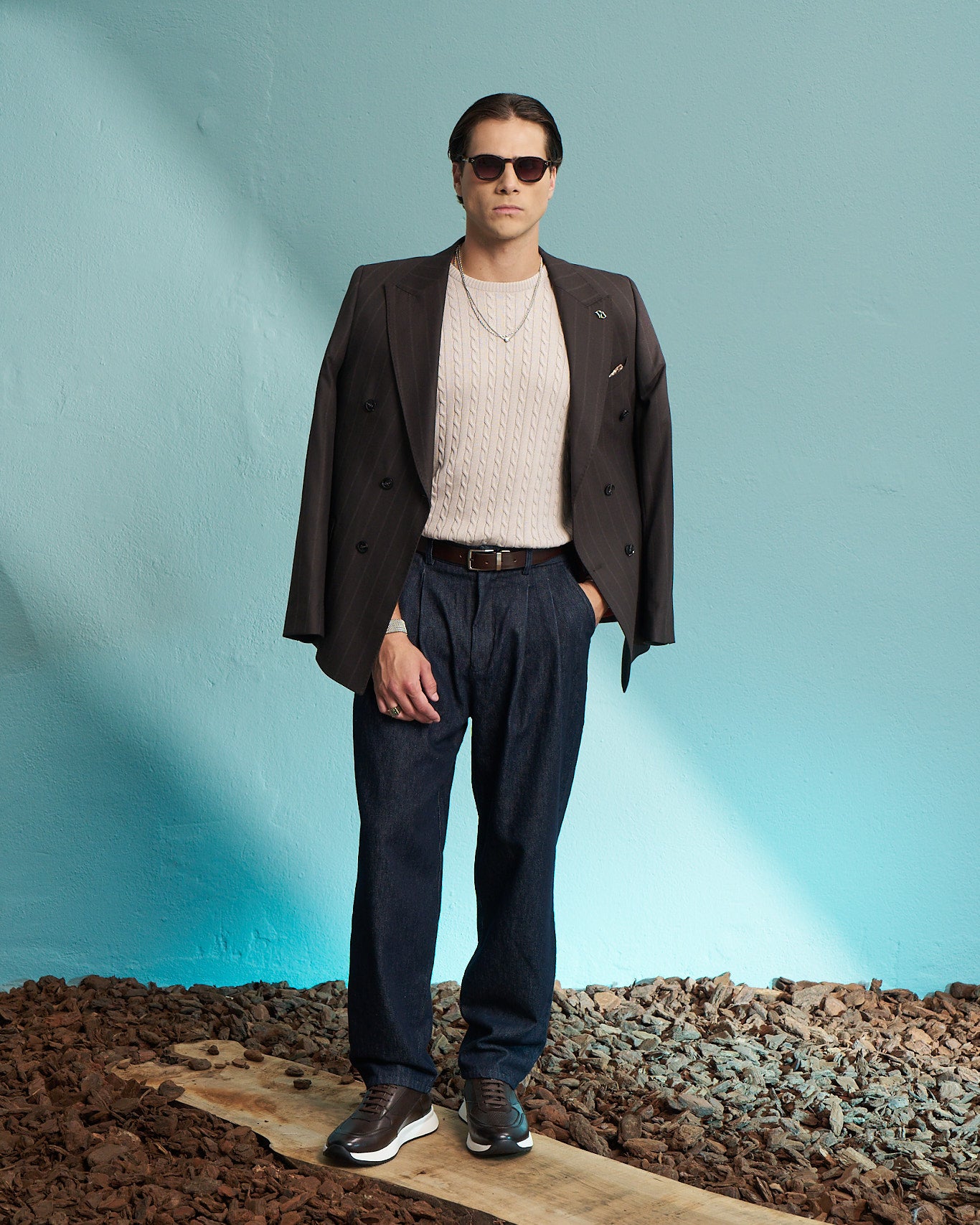 Indigo Relaxed Denim Pleated Trousers