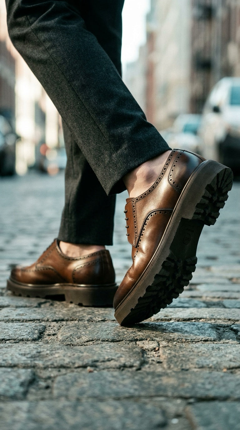 Leather Wingtip Derby Shoe - Cognac