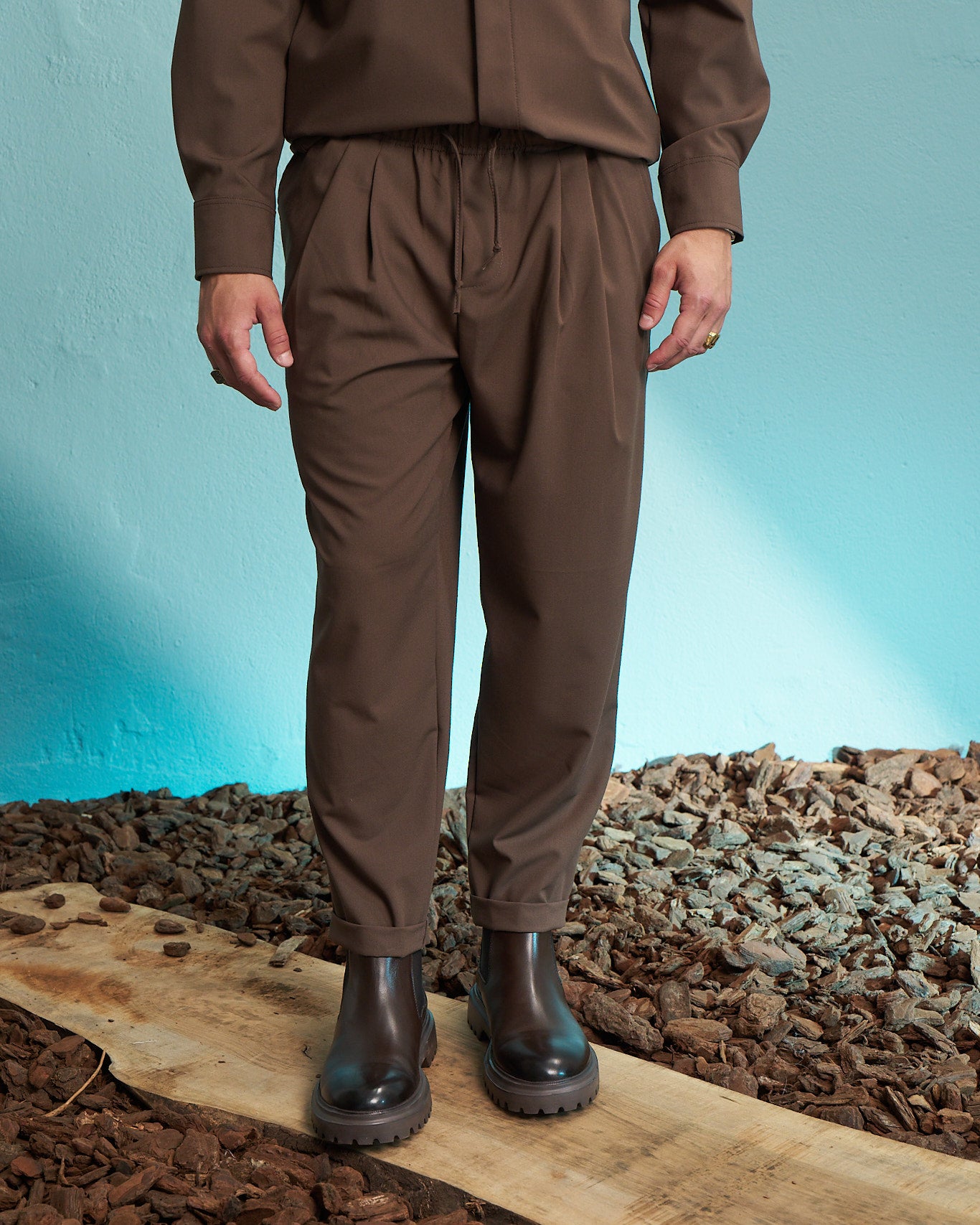 Brown Pleated Drawstring Trousers