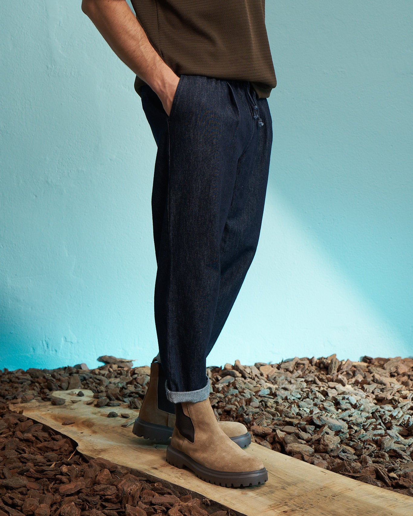 Dark Indigo Relaxed Drawstring Denim Trousers