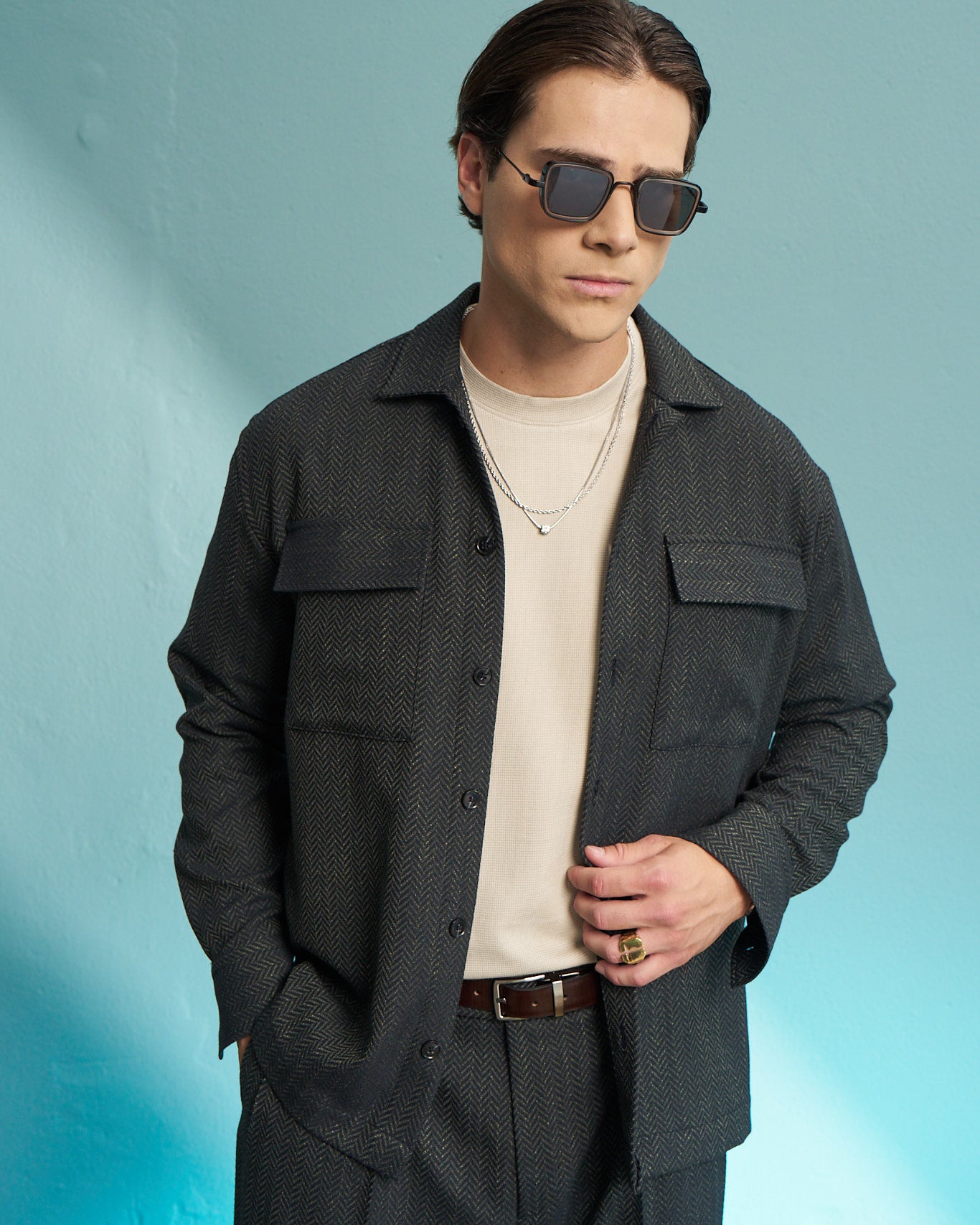 Olive Herringbone Utility Overshirt