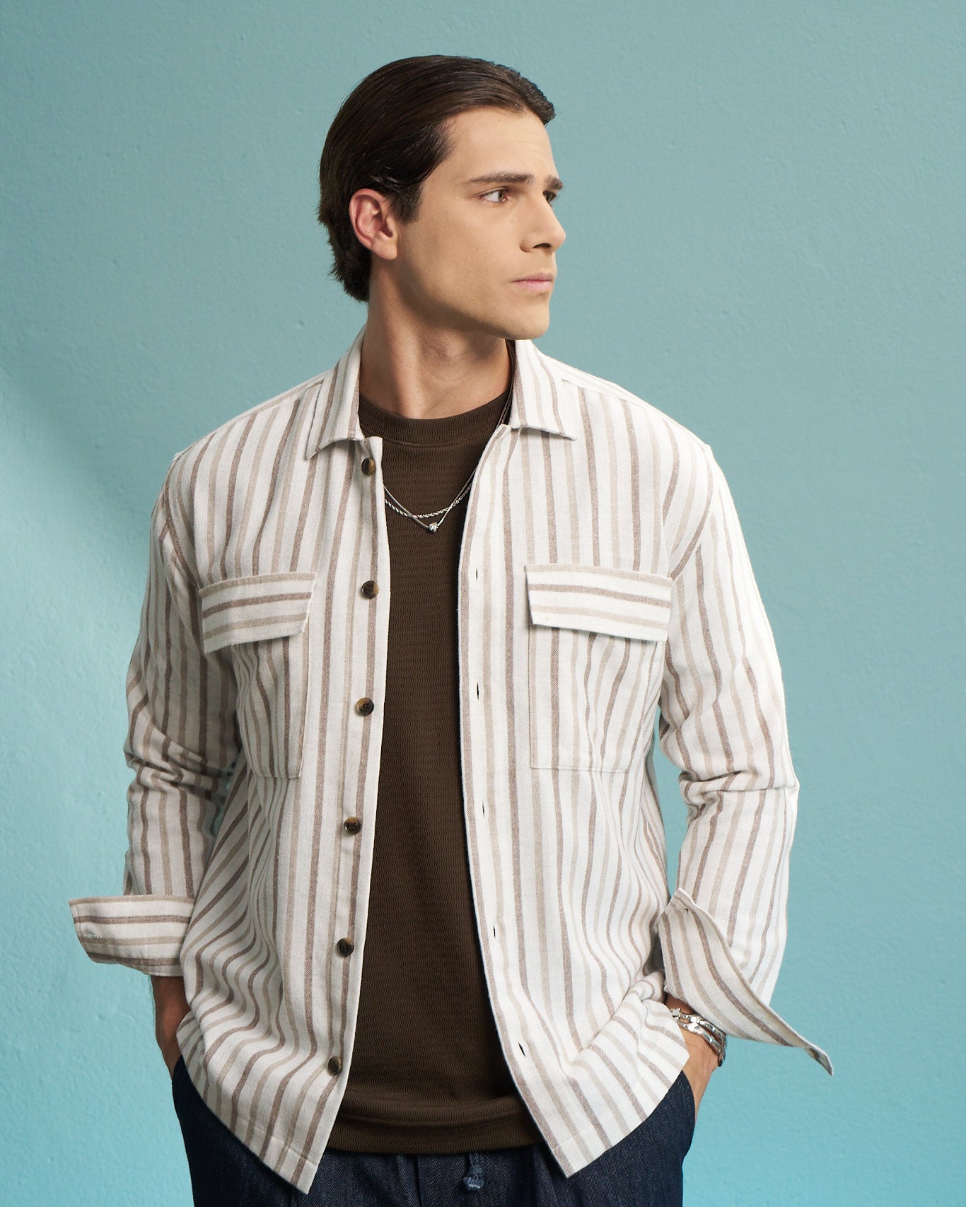 Brown Striped Utility Overshirt