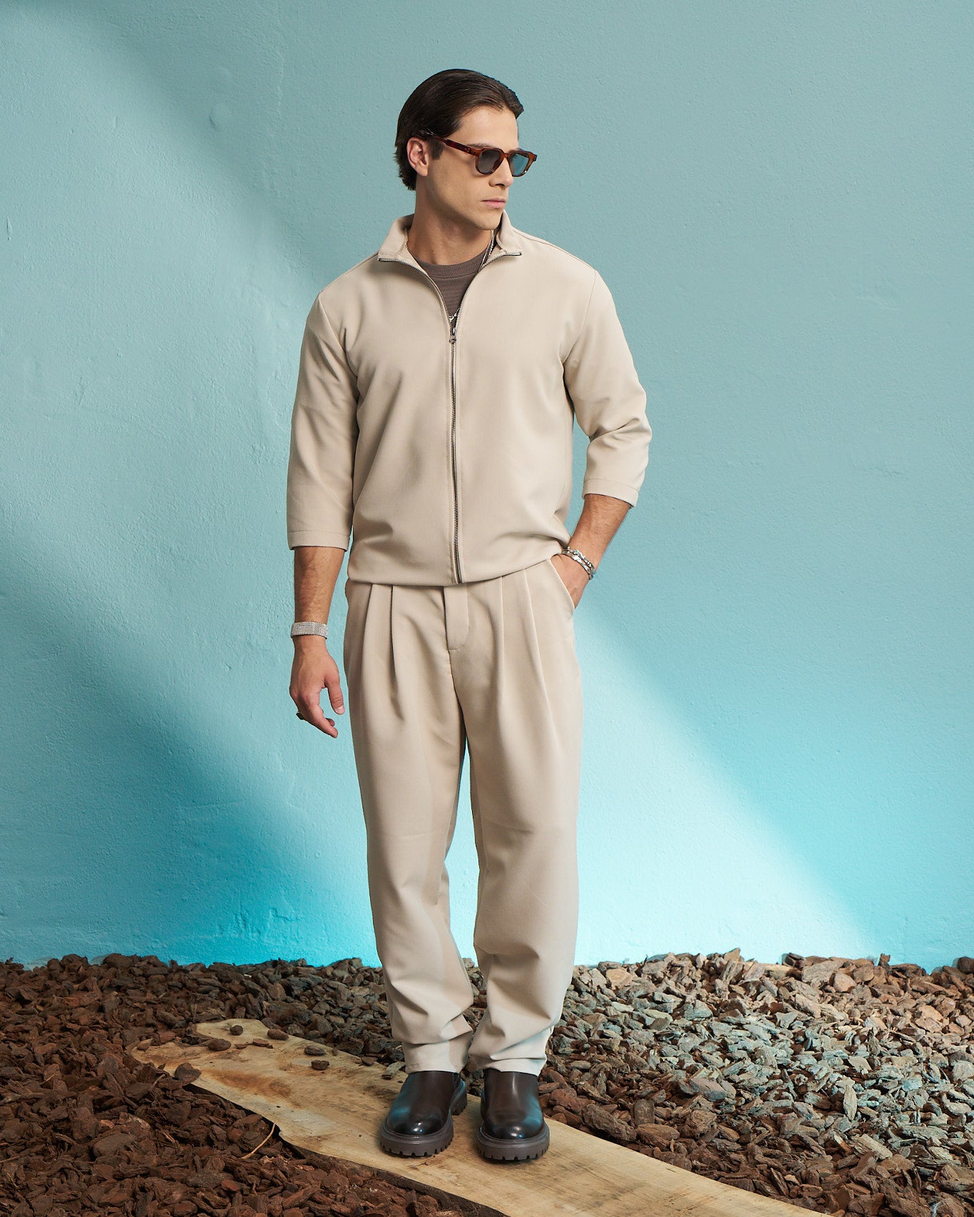 Cream Minimal Zip Jacket
