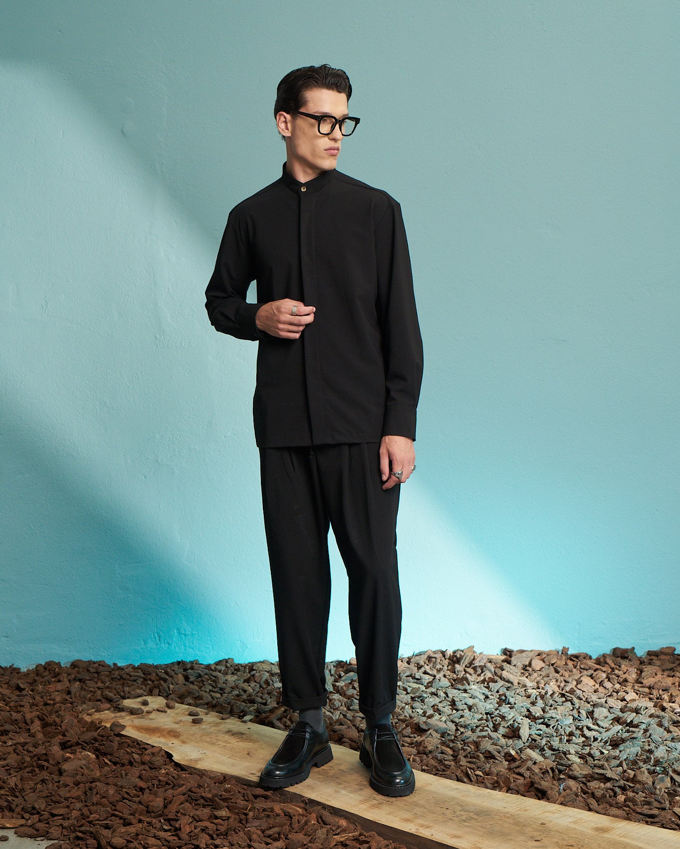 Black Grandad Collar Shirt