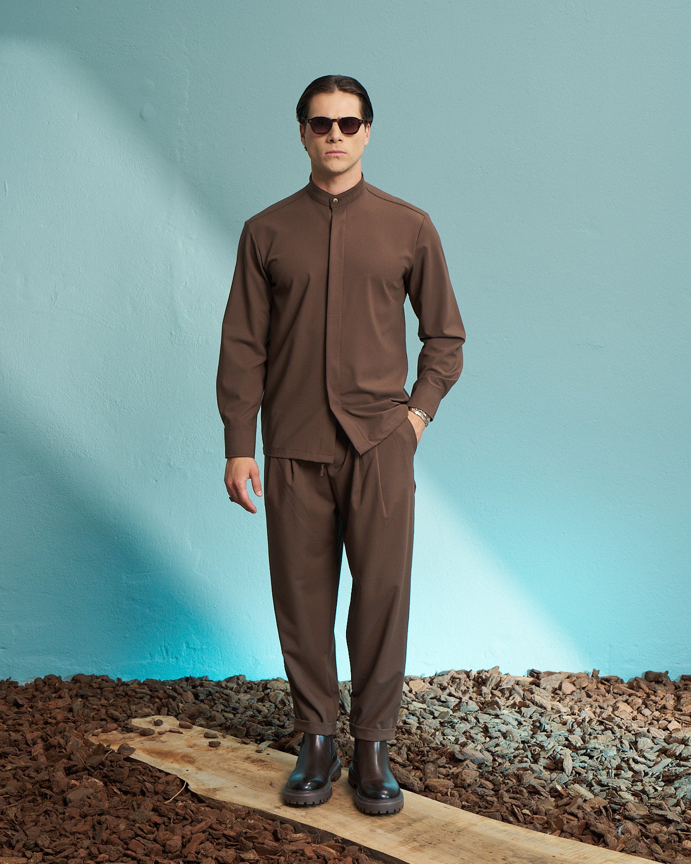 Brown Grandad Collar Shirt