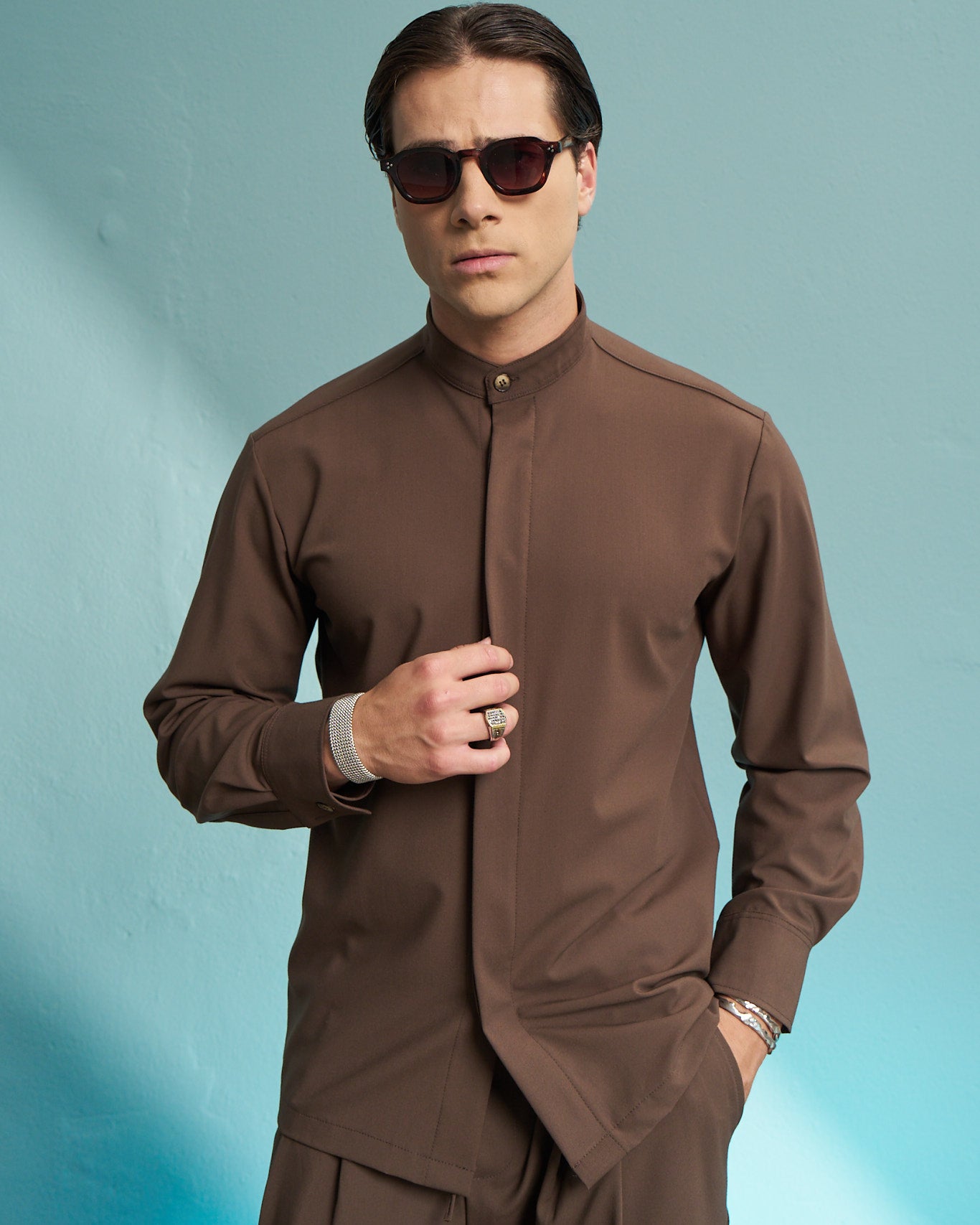 Brown Grandad Collar Shirt