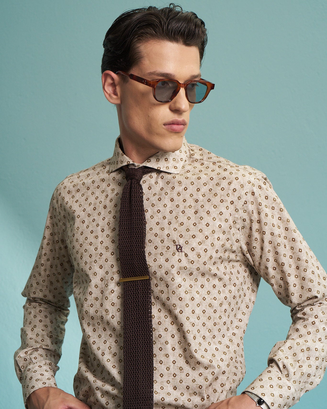 Beige Geometric Print Stretch Shirt