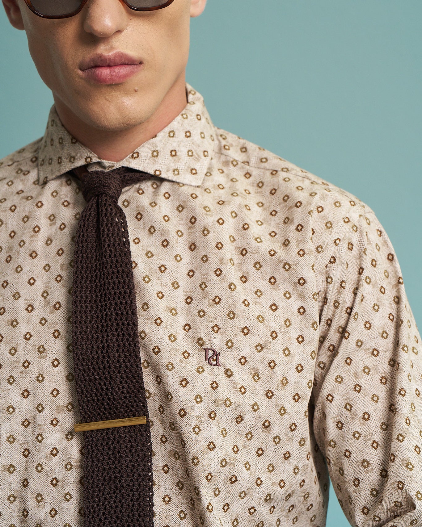 Beige Geometric Print Stretch Shirt