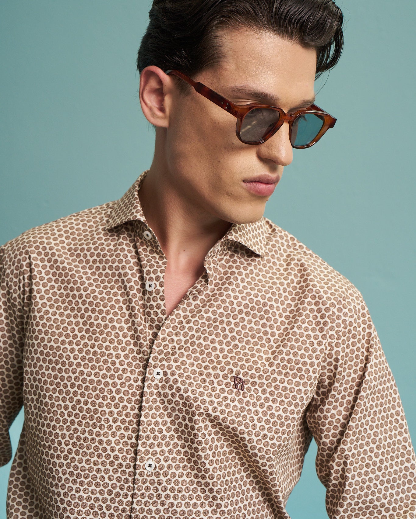 Beige Circle Print Stretch Shirt