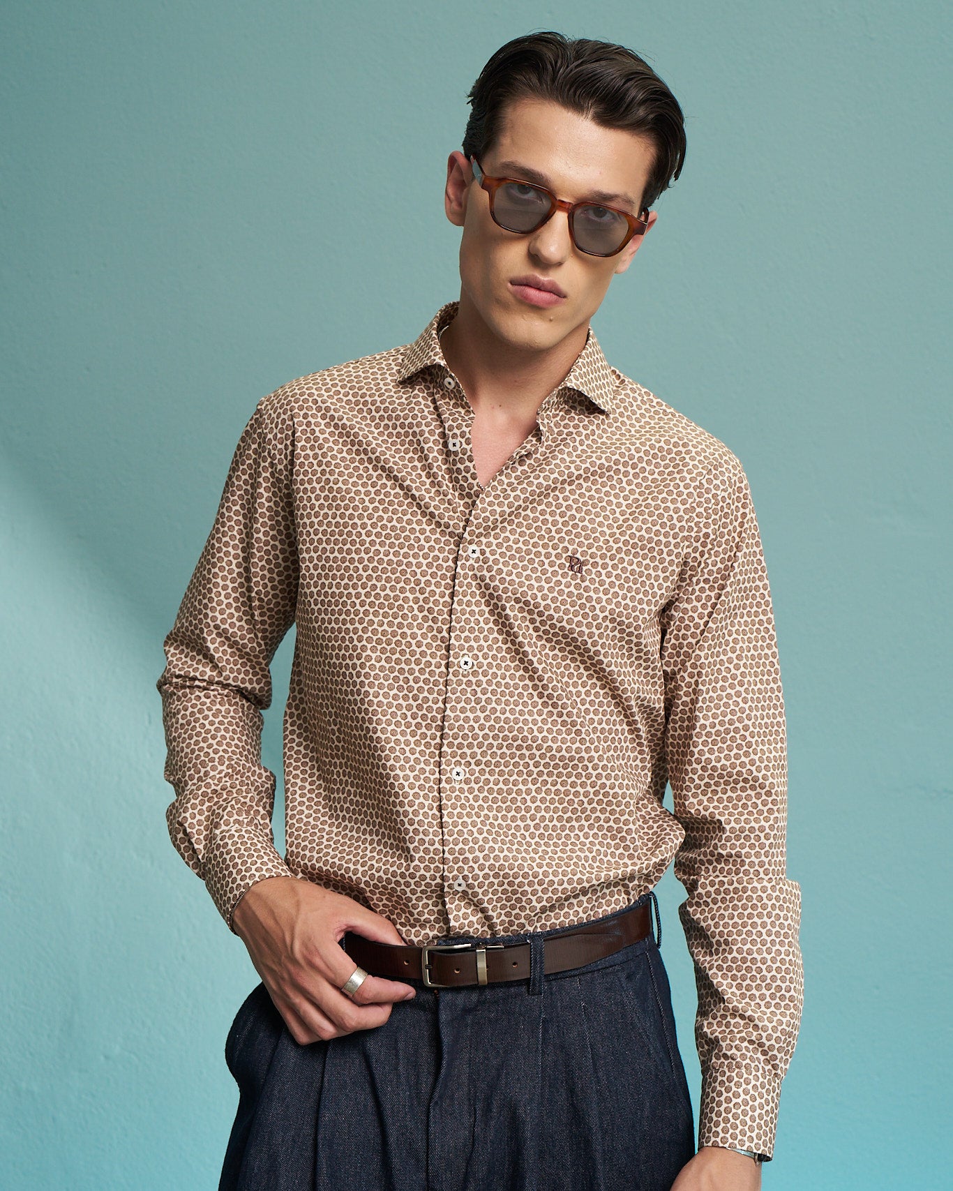 Beige Circle Print Stretch Shirt