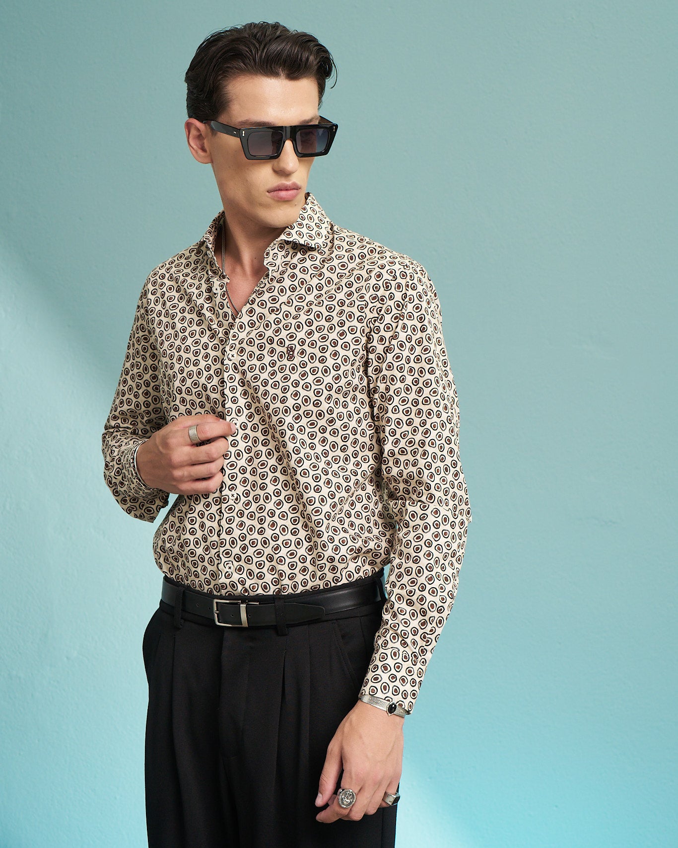 Ivory Abstract Circle Print Stretch Shirt