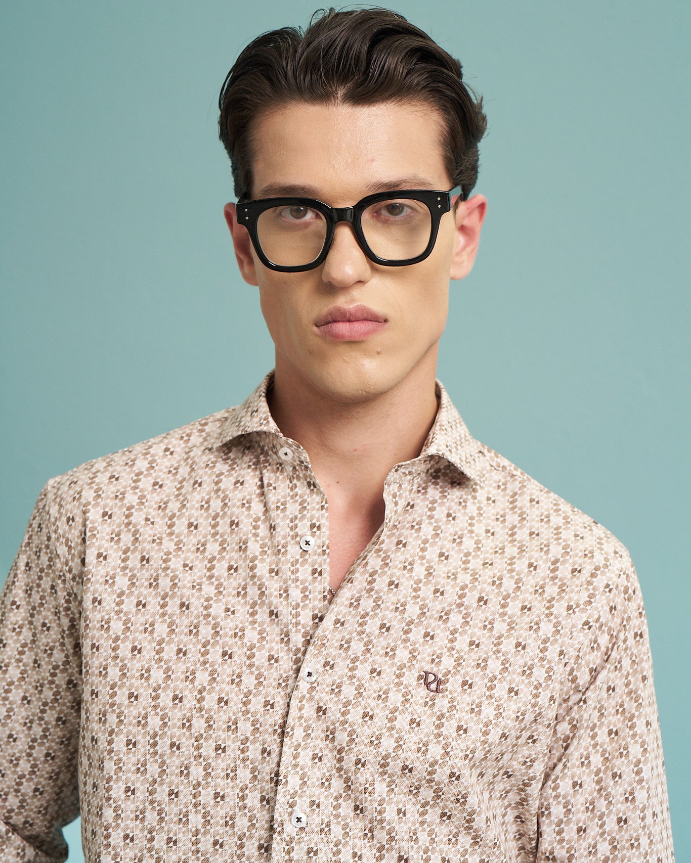 Beige Mosaic Print Stretch Shirt