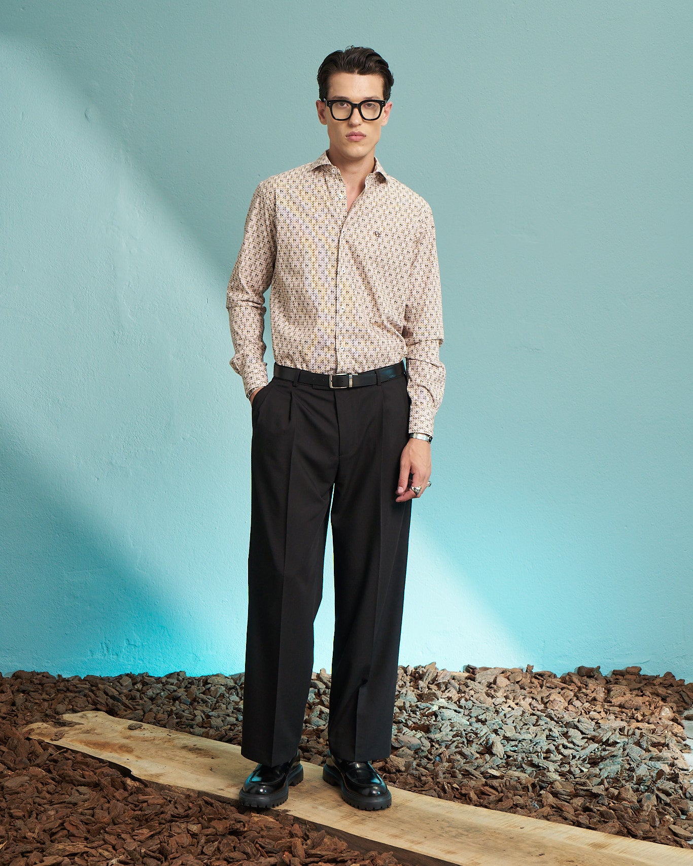 Beige Mosaic Print Stretch Shirt