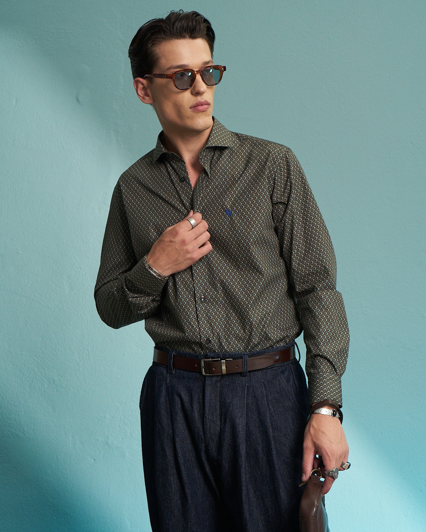Olive Geometric Print Stretch Shirt