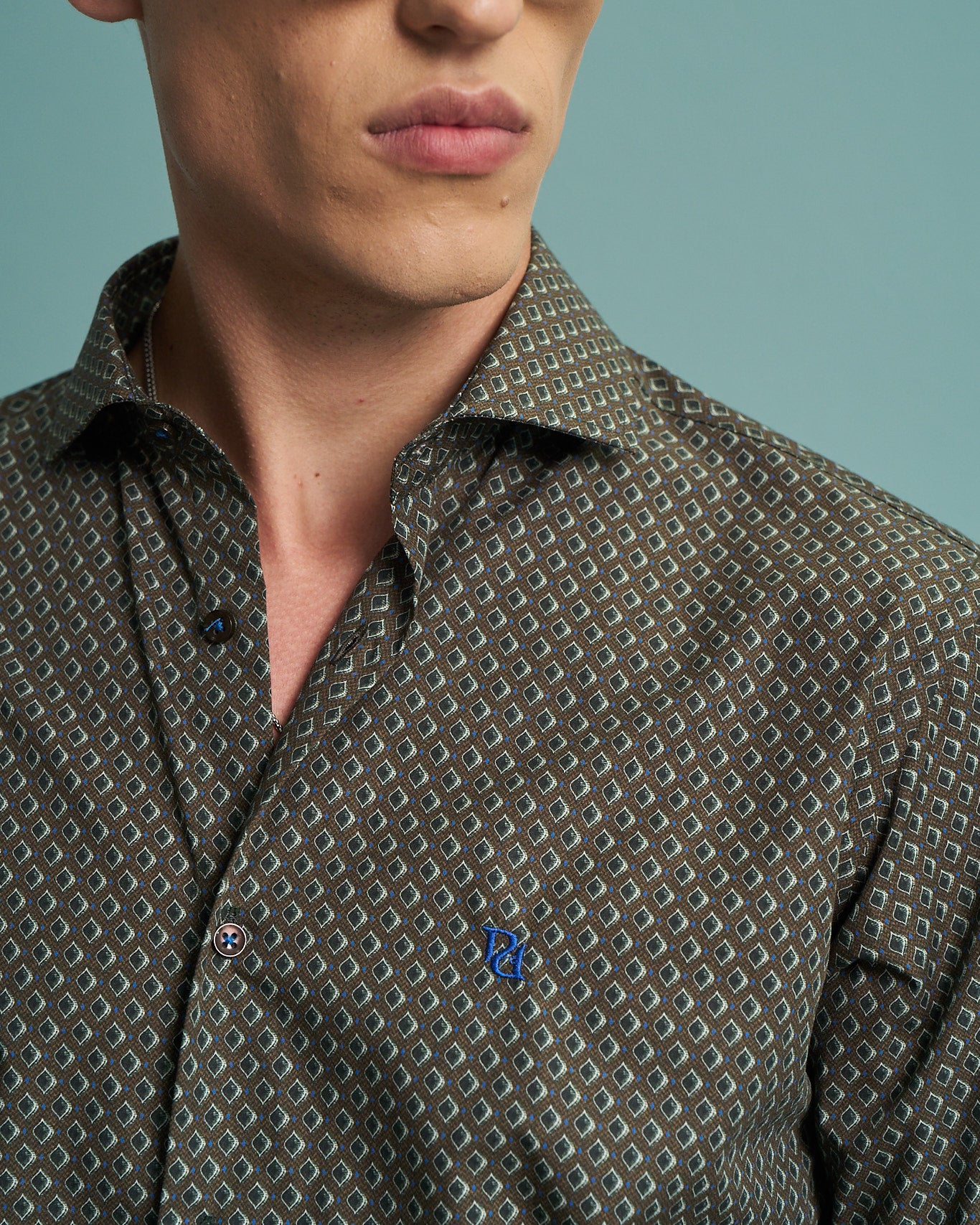 Olive Geometric Print Stretch Shirt