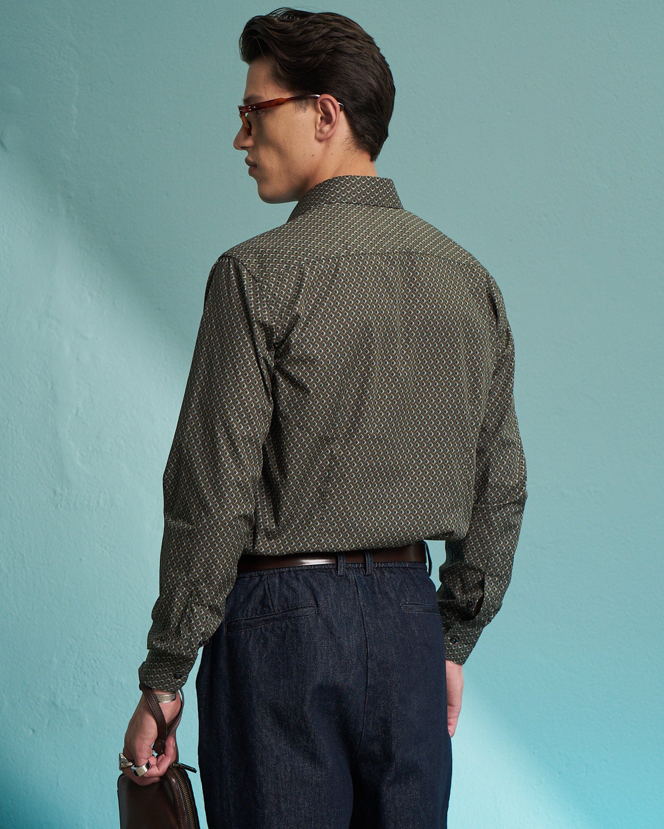 Olive Geometric Print Stretch Shirt