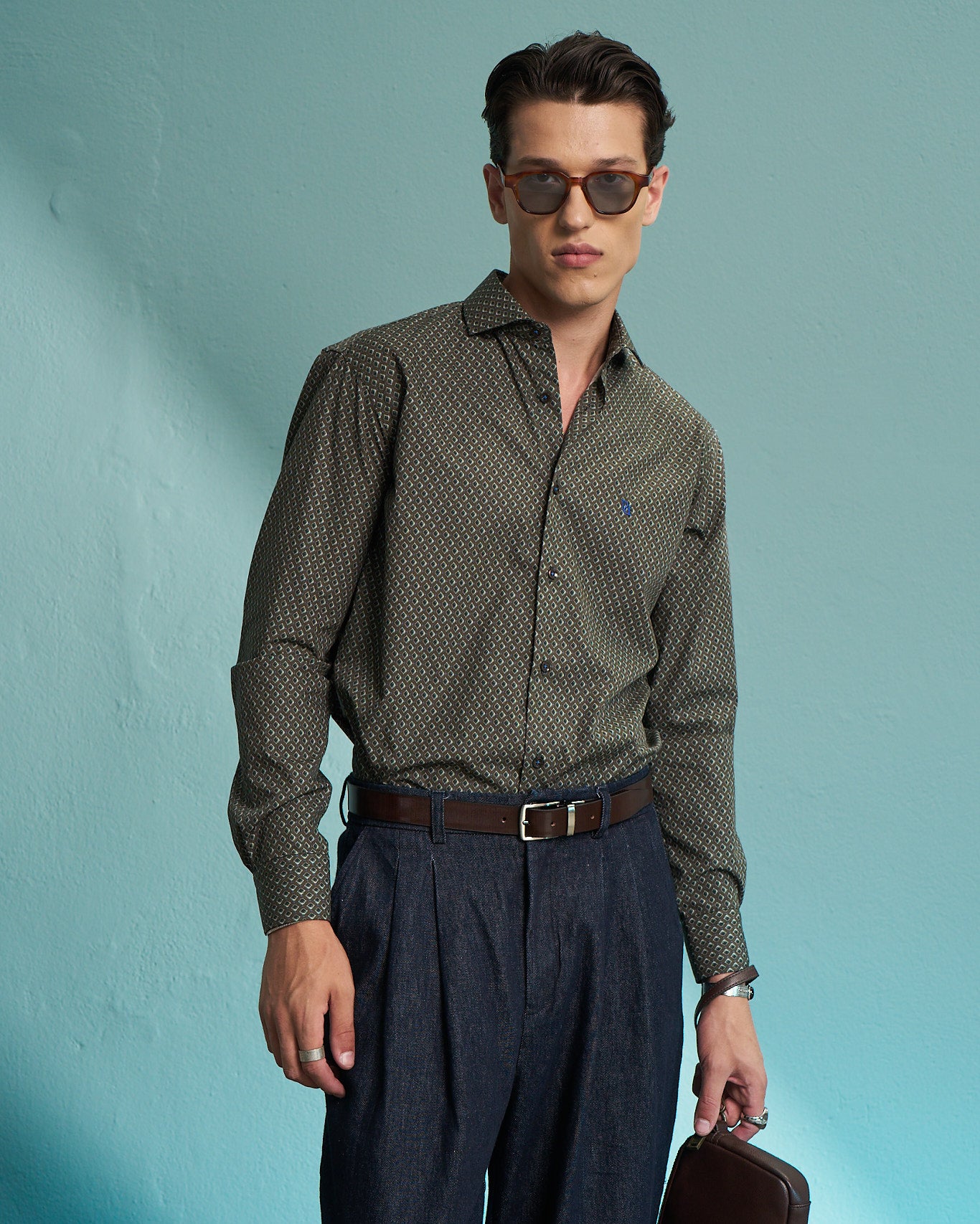 Olive Geometric Print Stretch Shirt