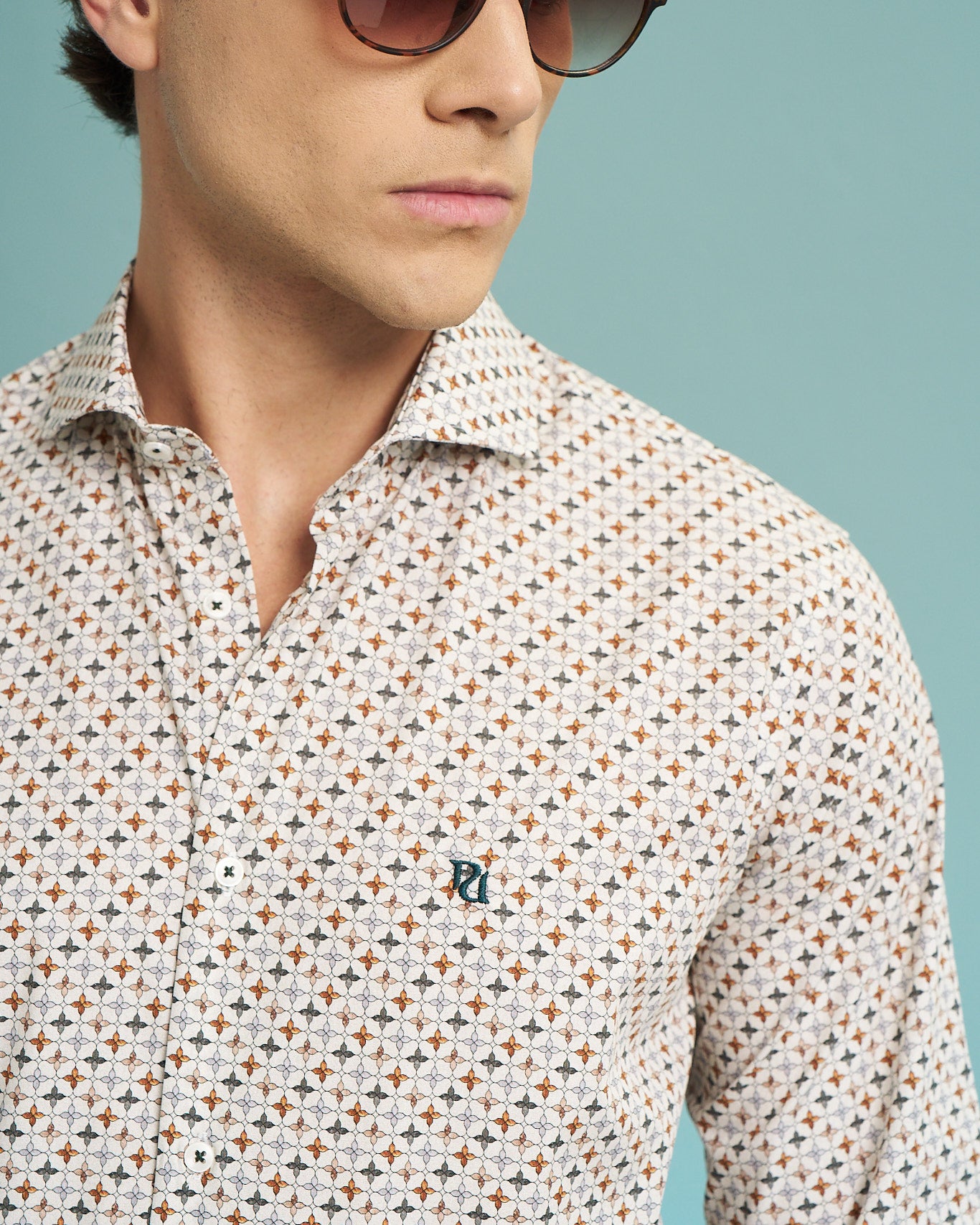 Ivory Geometric Print Stretch Shirt