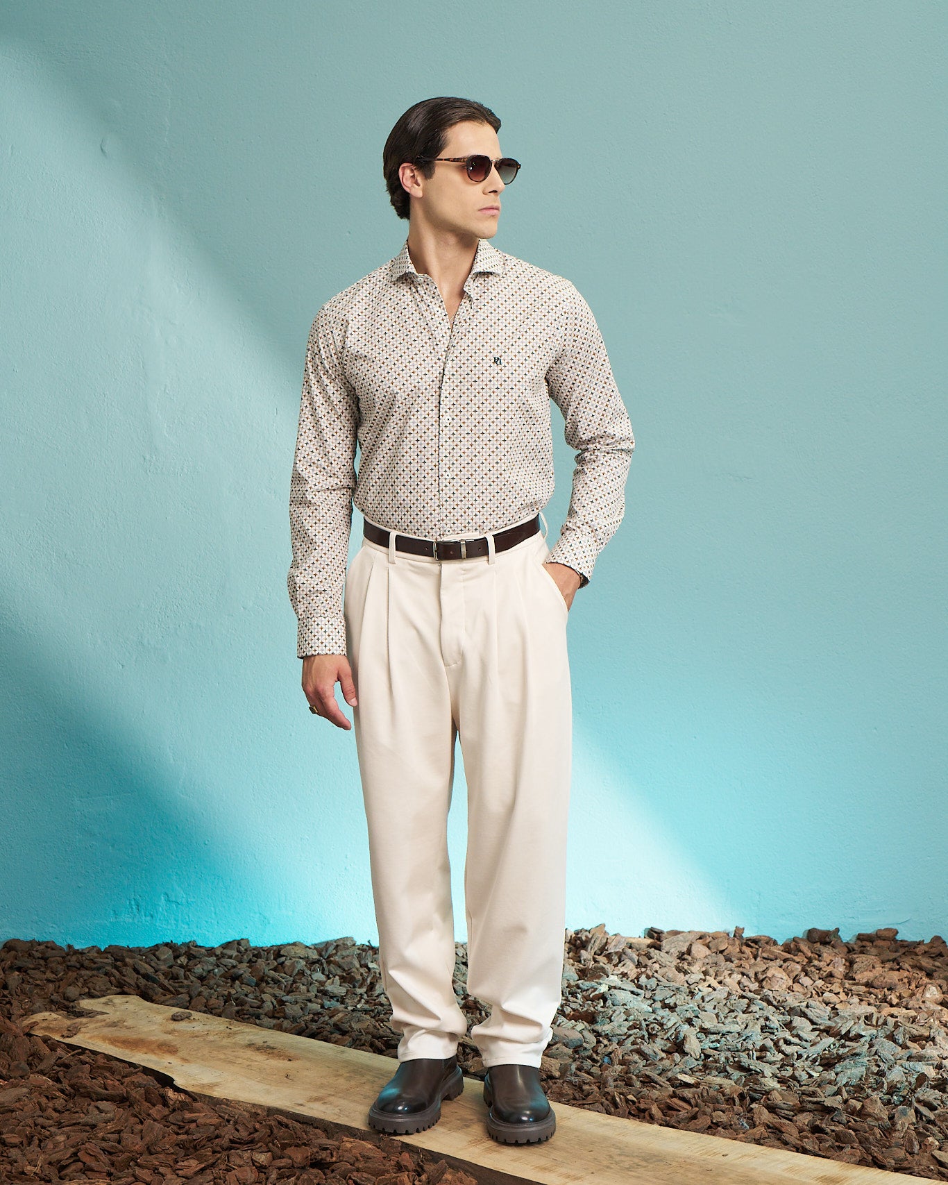 Ivory Geometric Print Stretch Shirt