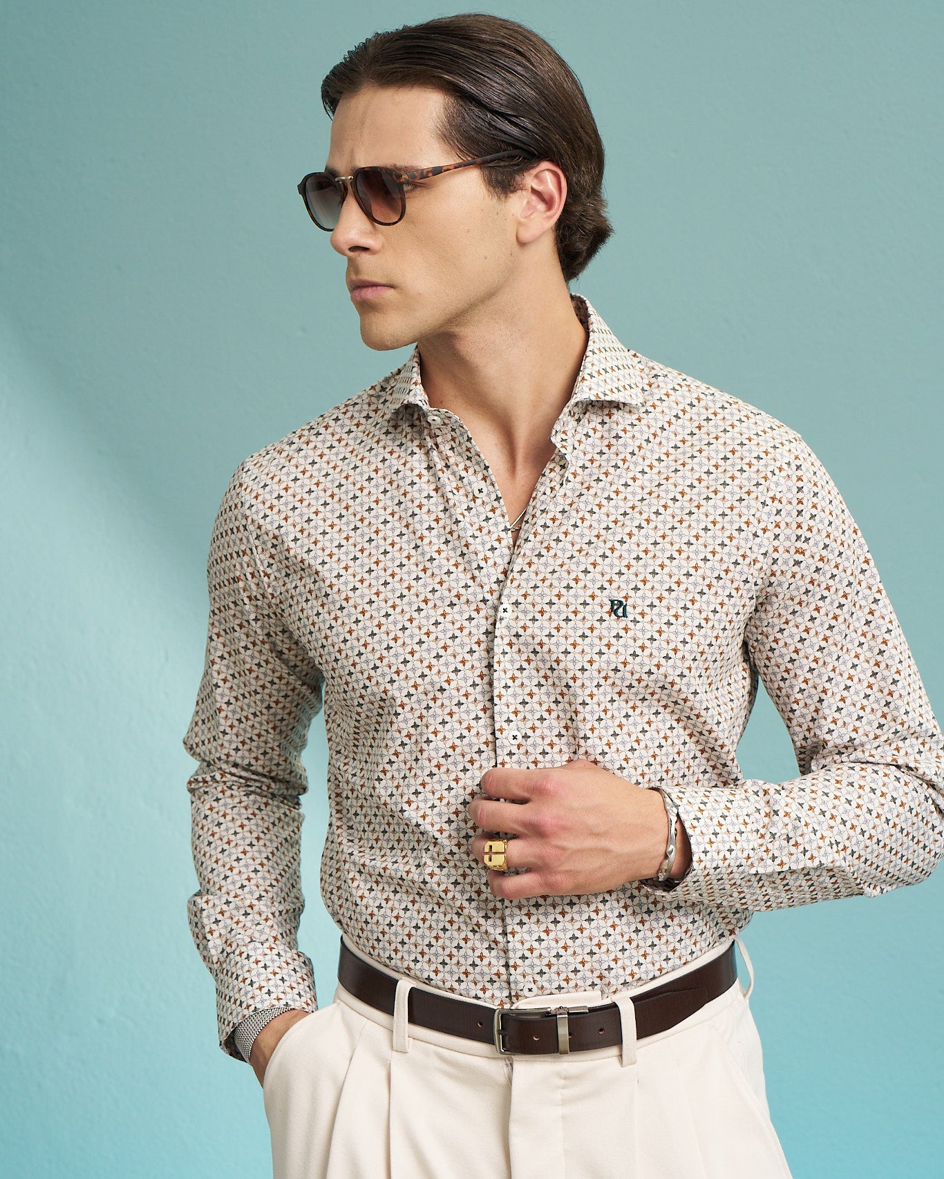 Ivory Geometric Print Stretch Shirt