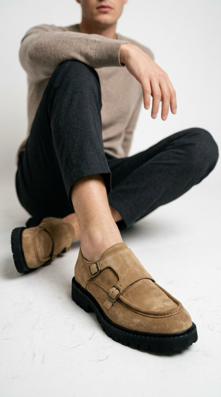 Suede Double Monk Strap Shoe - Sand