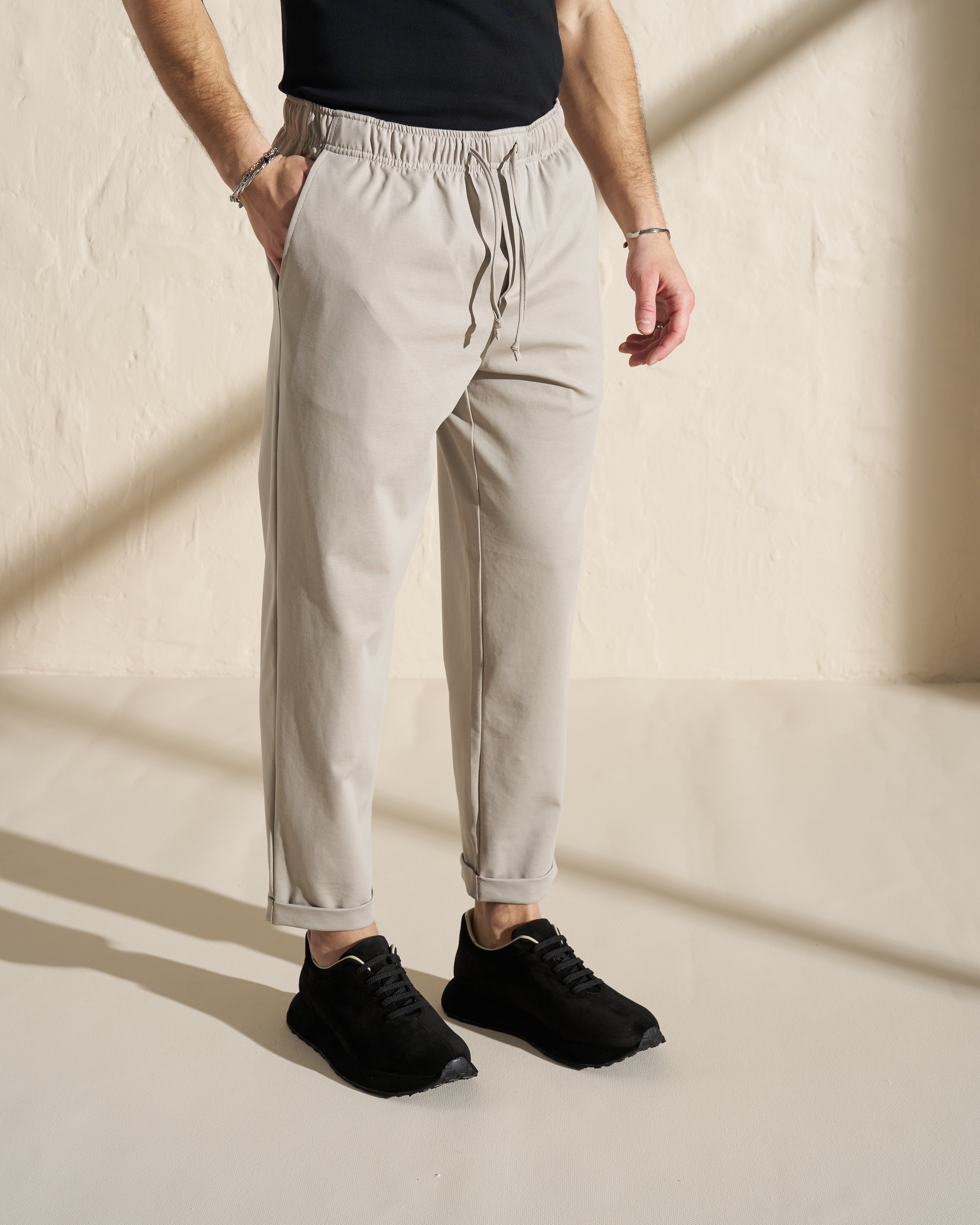 Tapered Drawstring Trousers – Stone Beige