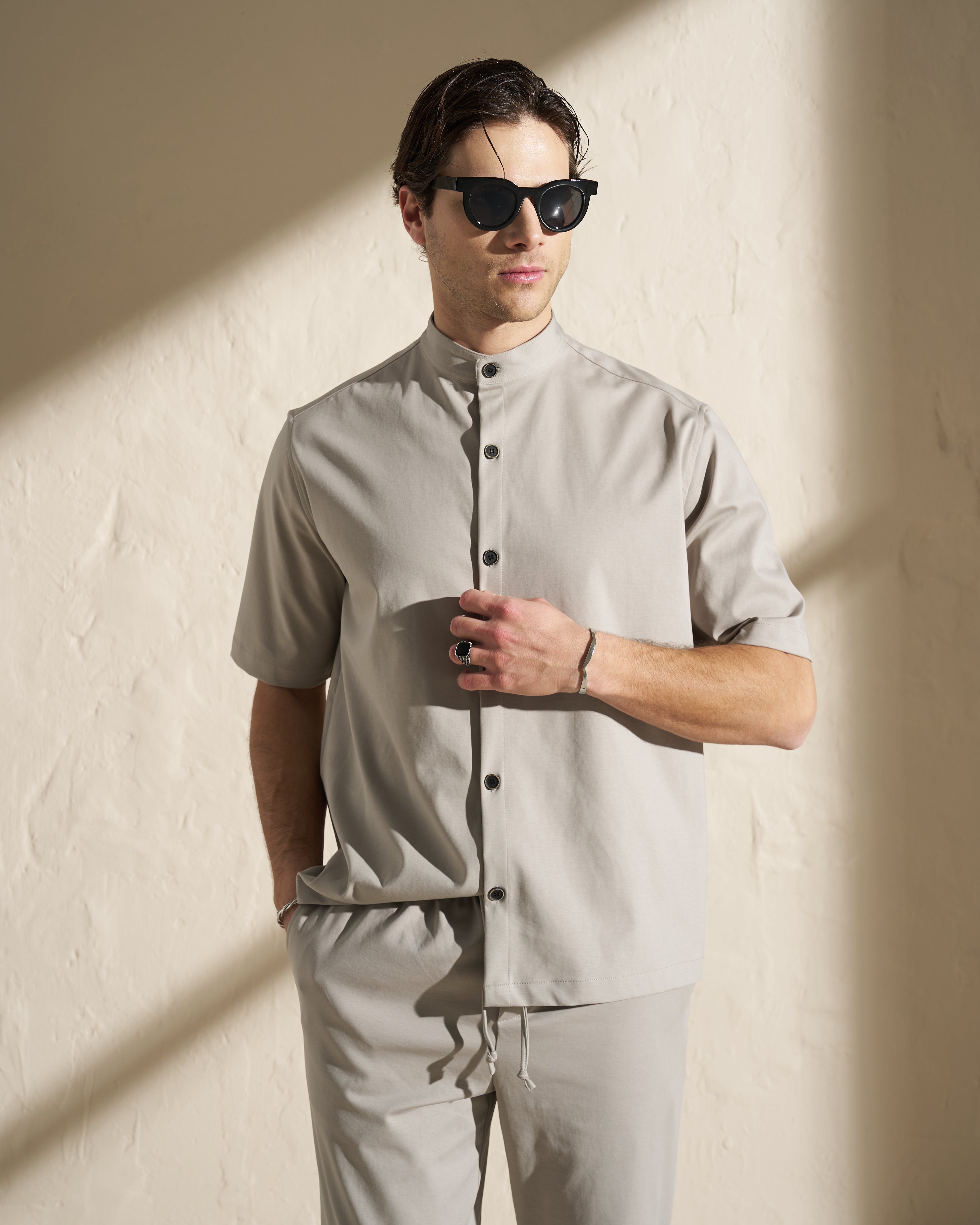 Short Sleeve Mao Shirt – Silver Green