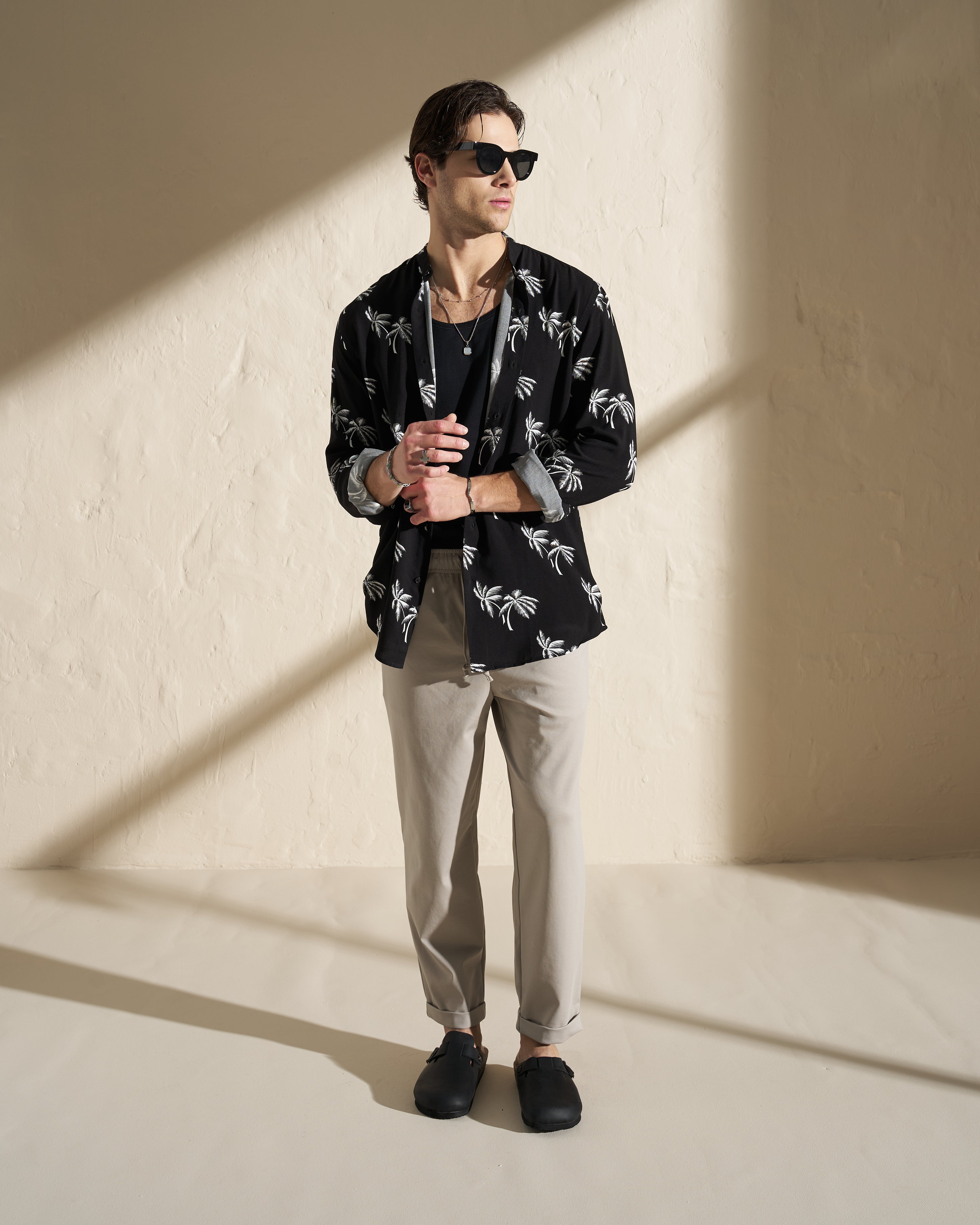 Viscose Mao Long Sleeve Shirt – Black Palm Print