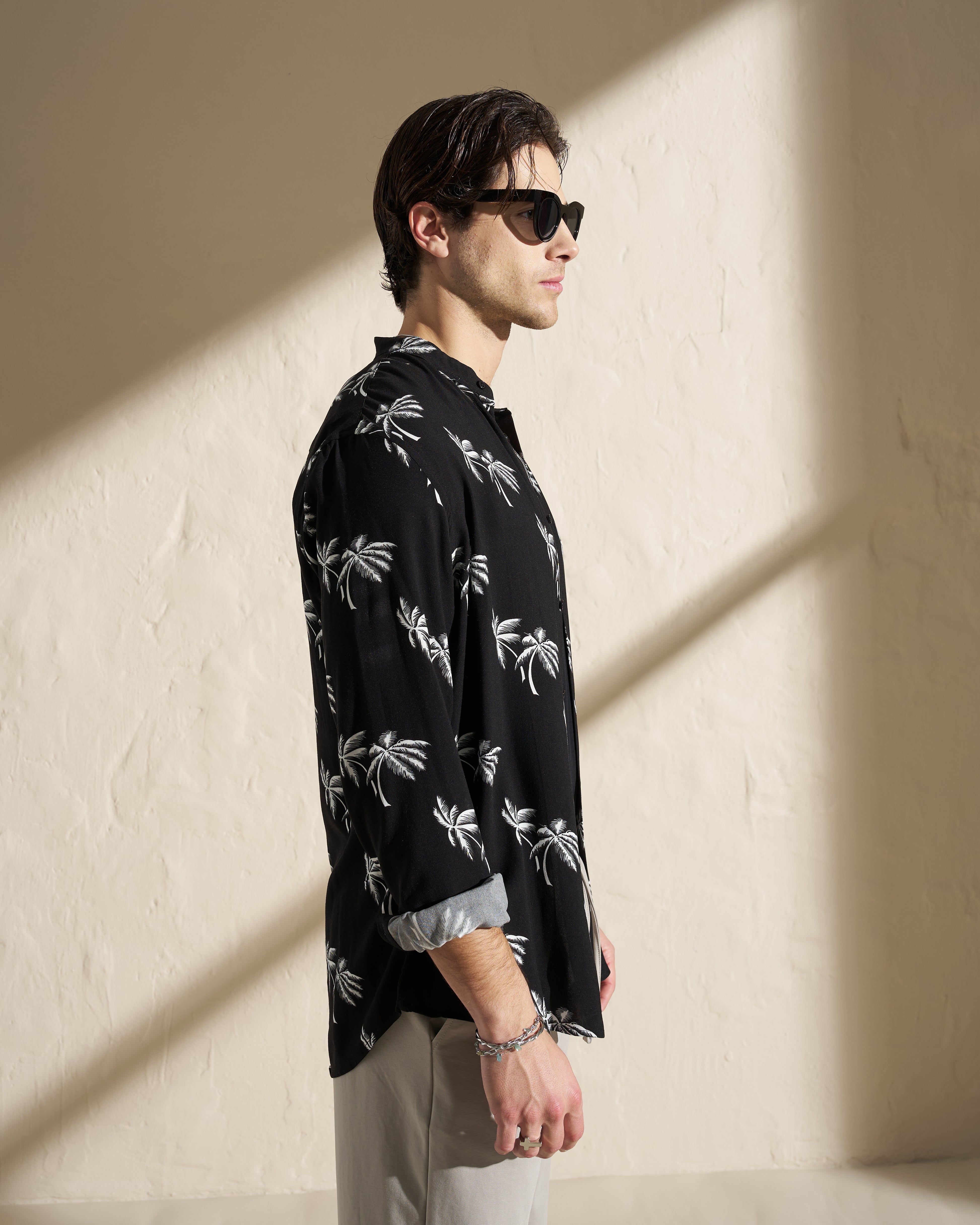 Viscose Mao Long Sleeve Shirt – Black Palm Print