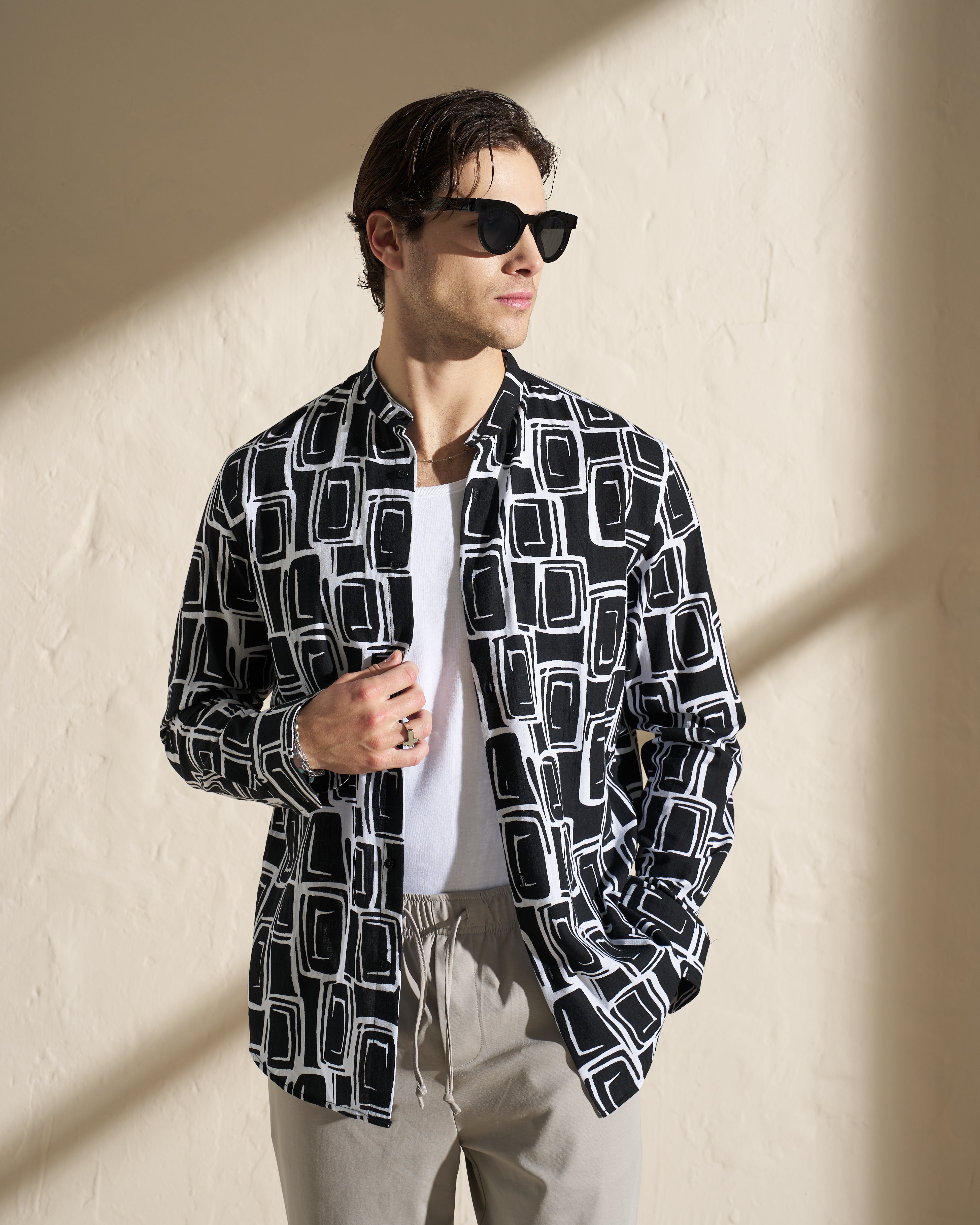 Viscose Mao Long Sleeve Shirt – Black Geometric Print